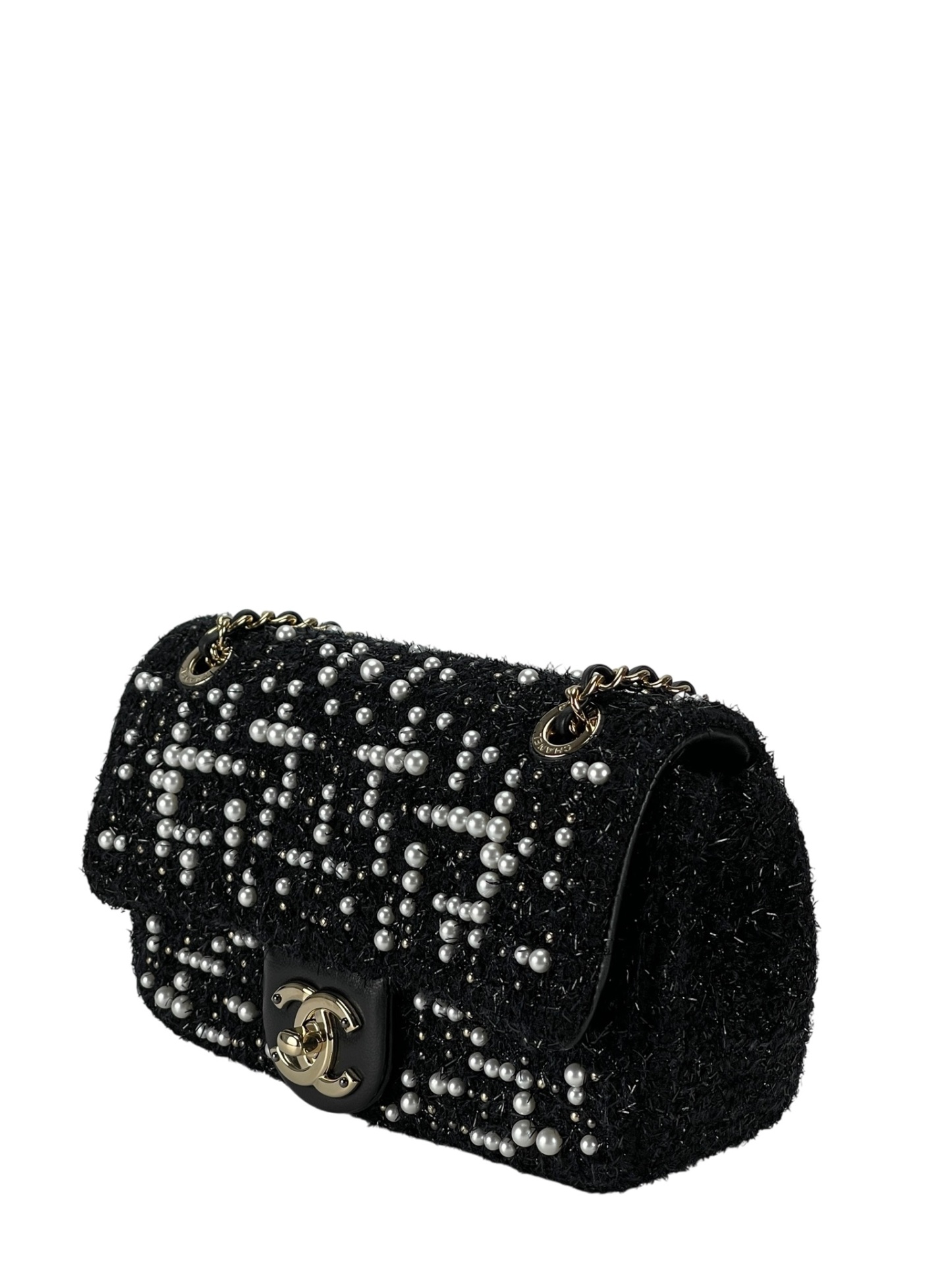 CHANEL - Tweed Pearl Mini Cosmos Flap Bag Black