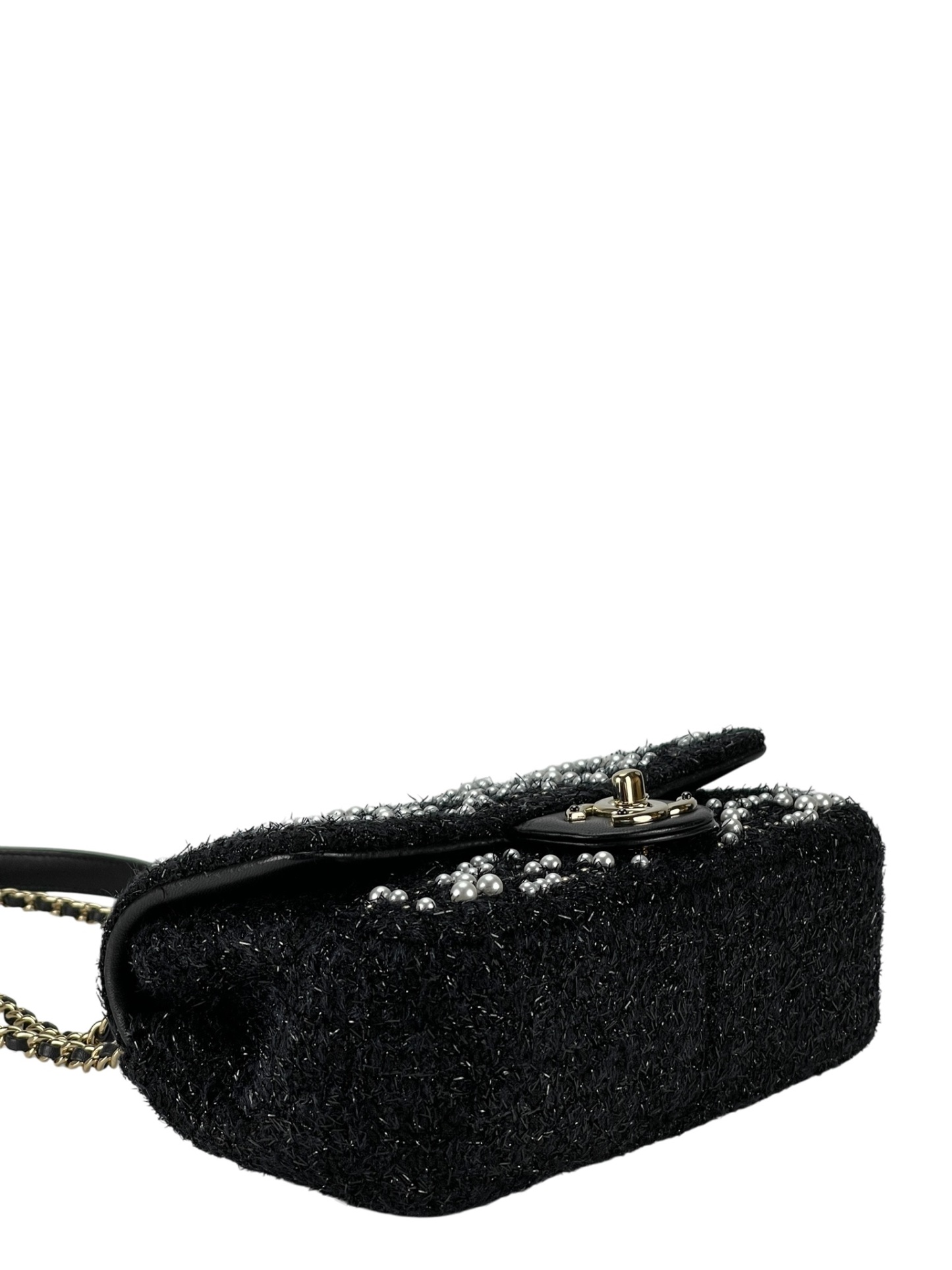 CHANEL - Tweed Pearl Mini Cosmos Flap Bag Black