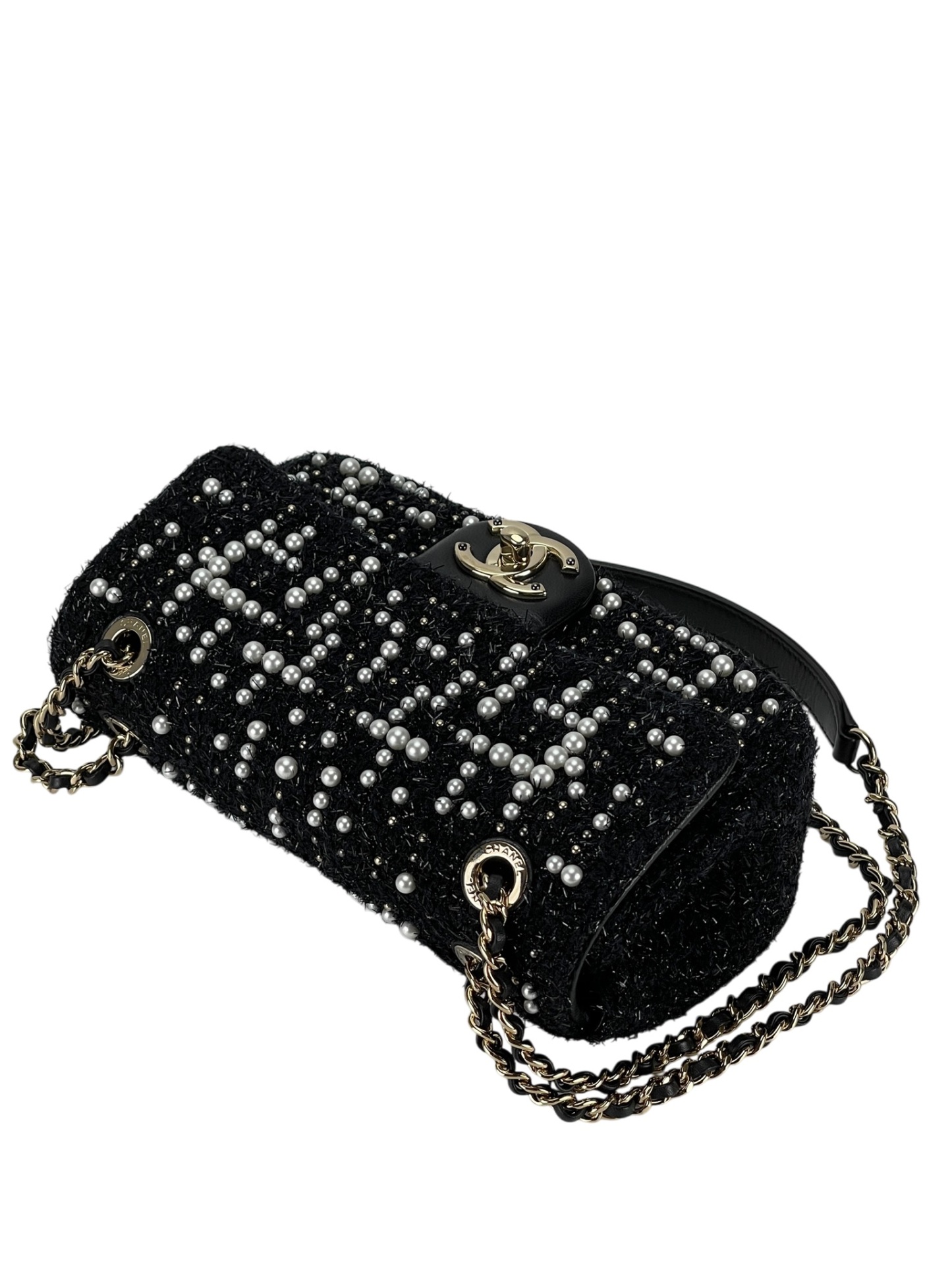 CHANEL - Tweed Pearl Mini Cosmos Flap Bag Black