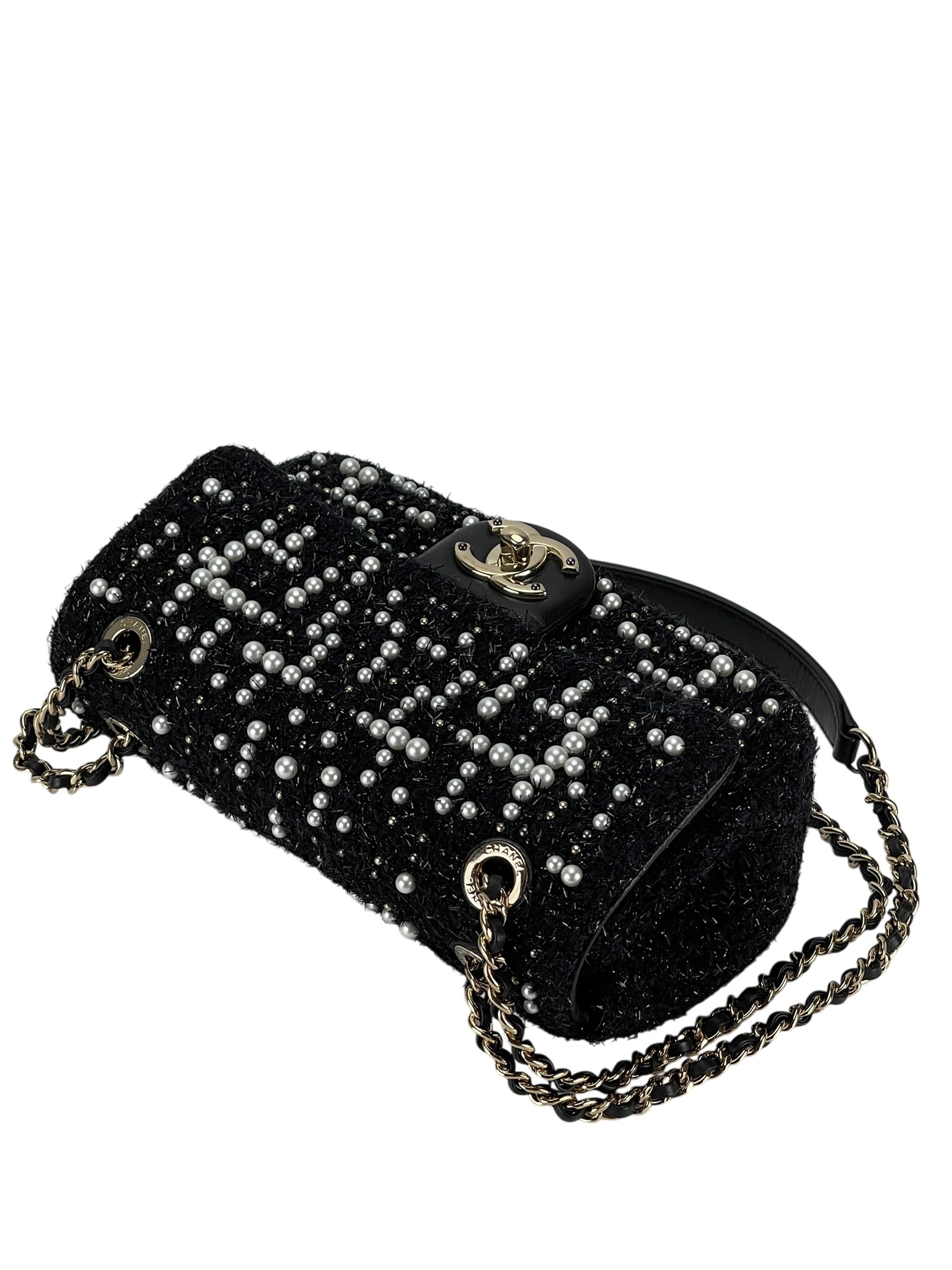 CHANEL - Tweed Pearl Mini Cosmos Flap Bag Black