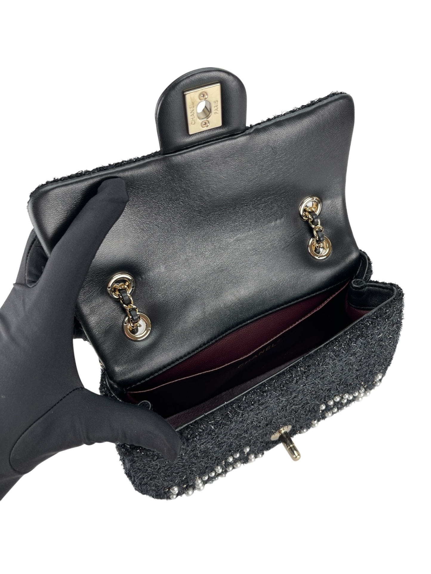 CHANEL - Tweed Pearl Mini Cosmos Flap Bag Black