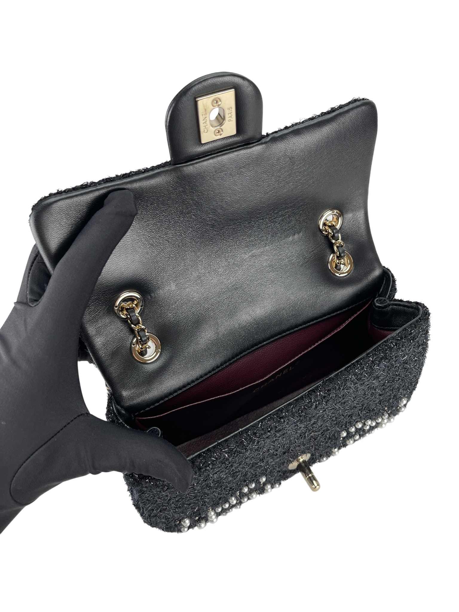 CHANEL - Tweed Pearl Mini Cosmos Flap Bag Black
