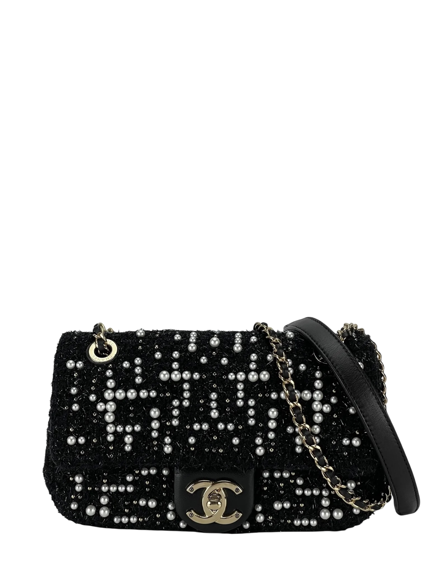 CHANEL - Tweed Pearl Mini Cosmos Flap Bag Black