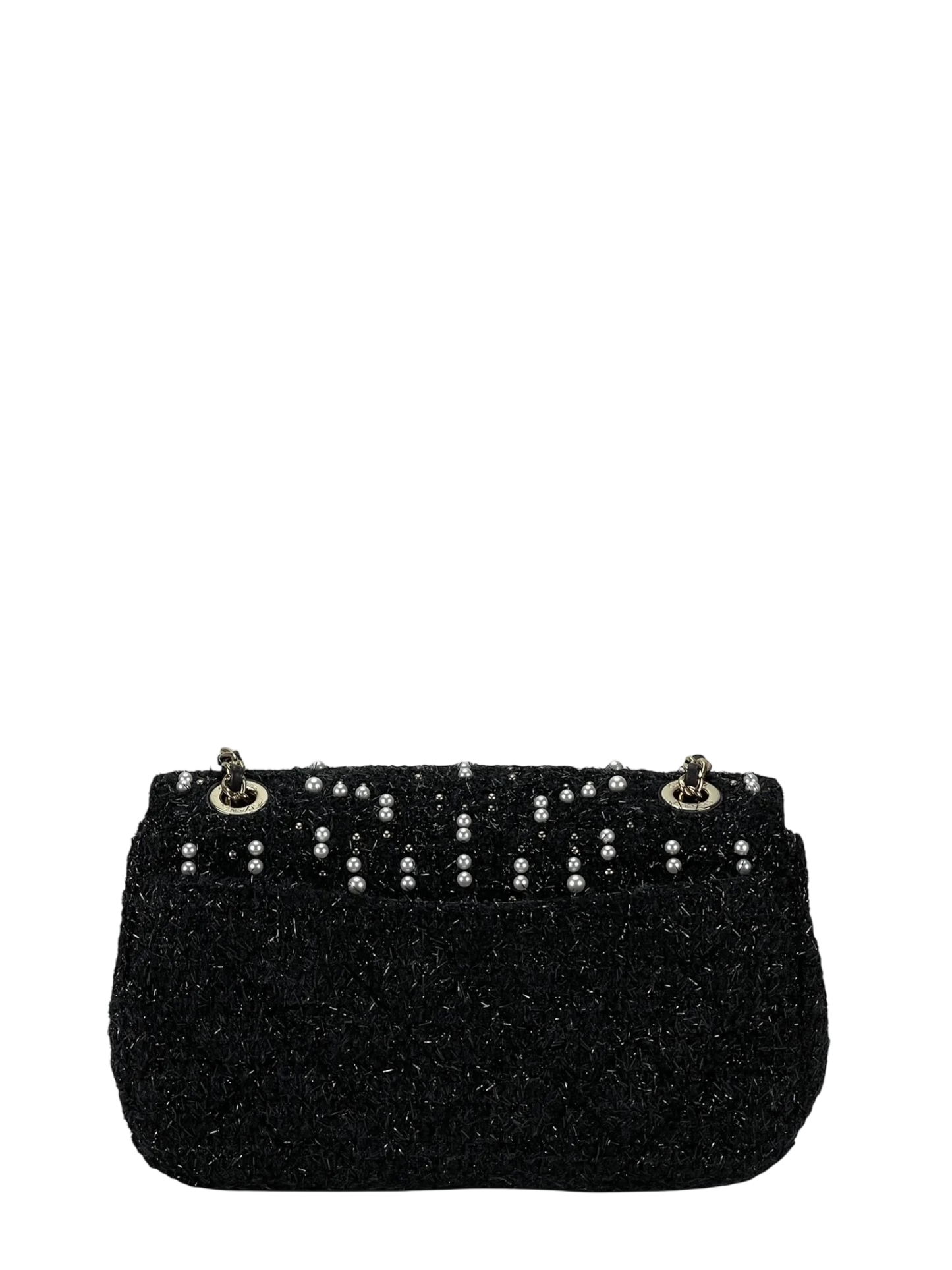 CHANEL - Tweed Pearl Mini Cosmos Flap Bag Black