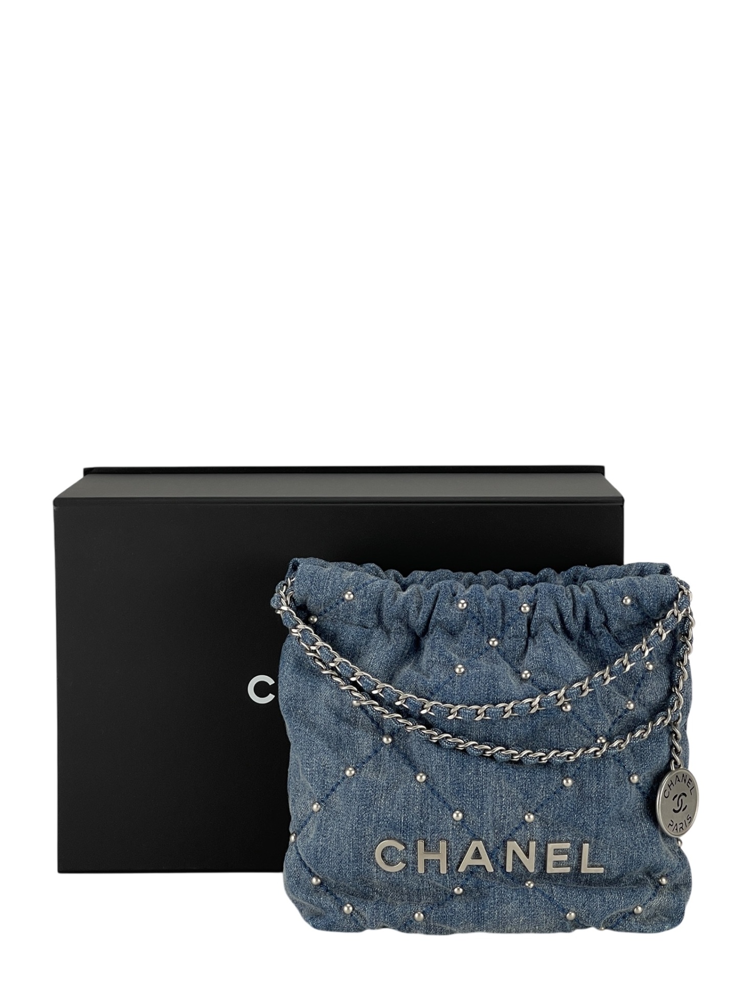 CHANEL - Mini 22 Bag Blue Quilted Studded Denim Brushed Silver Hardware
