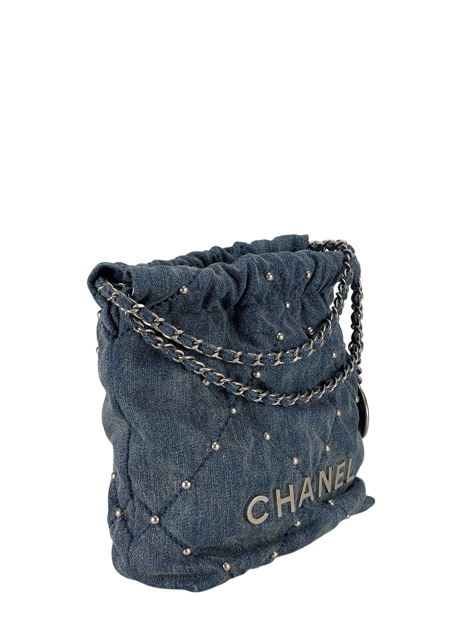 CHANEL - Mini 22 Bag Blue Quilted Studded Denim Brushed Silver Hardware