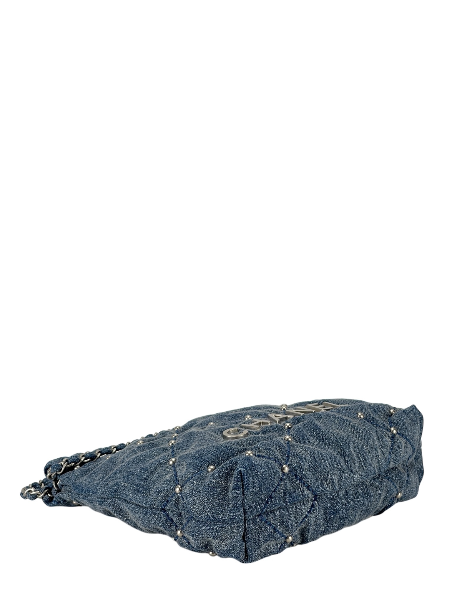CHANEL - Mini 22 Bag Blue Quilted Studded Denim Brushed Silver Hardware