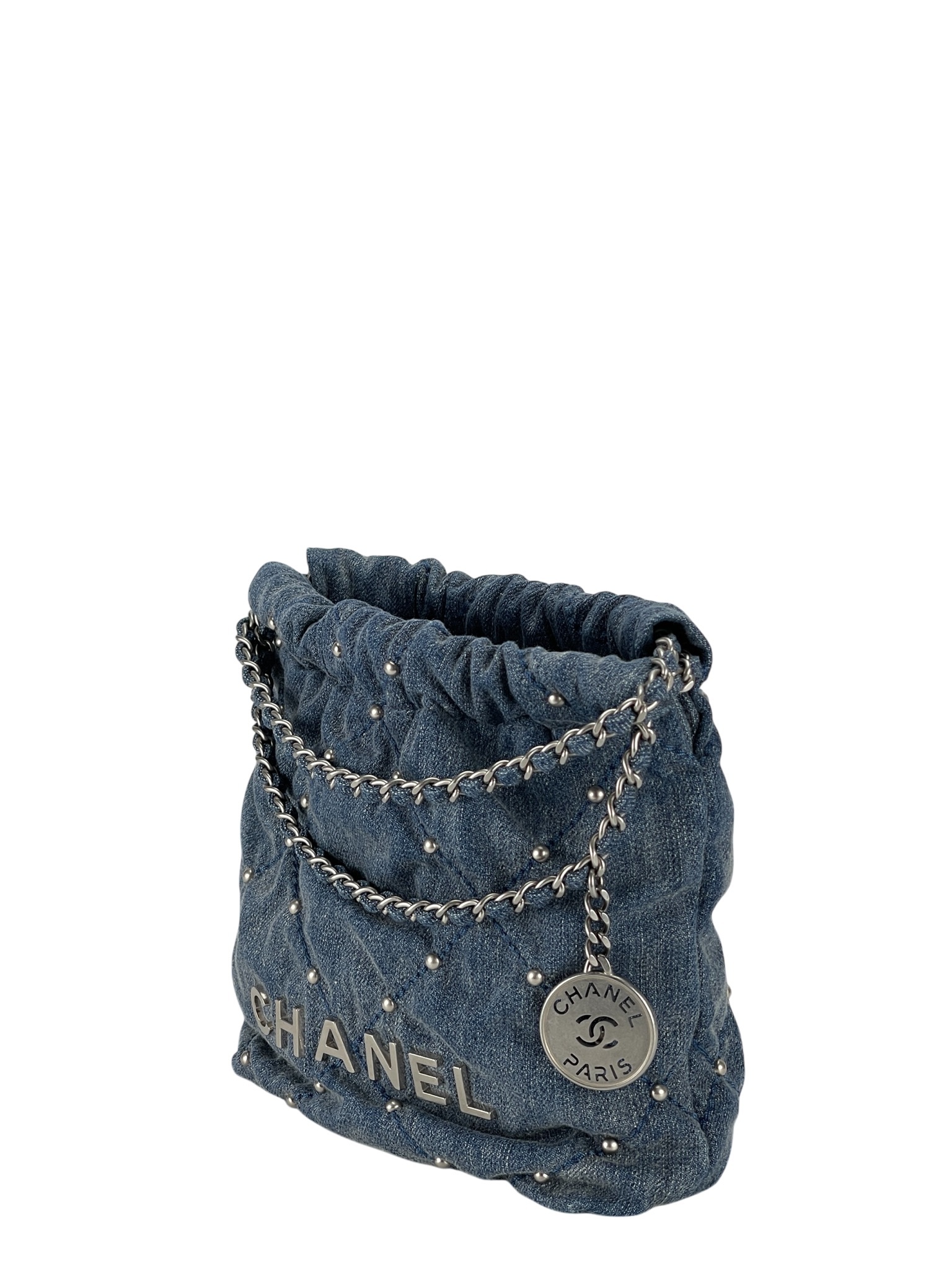 CHANEL - Mini 22 Bag Blue Quilted Studded Denim Brushed Silver Hardware