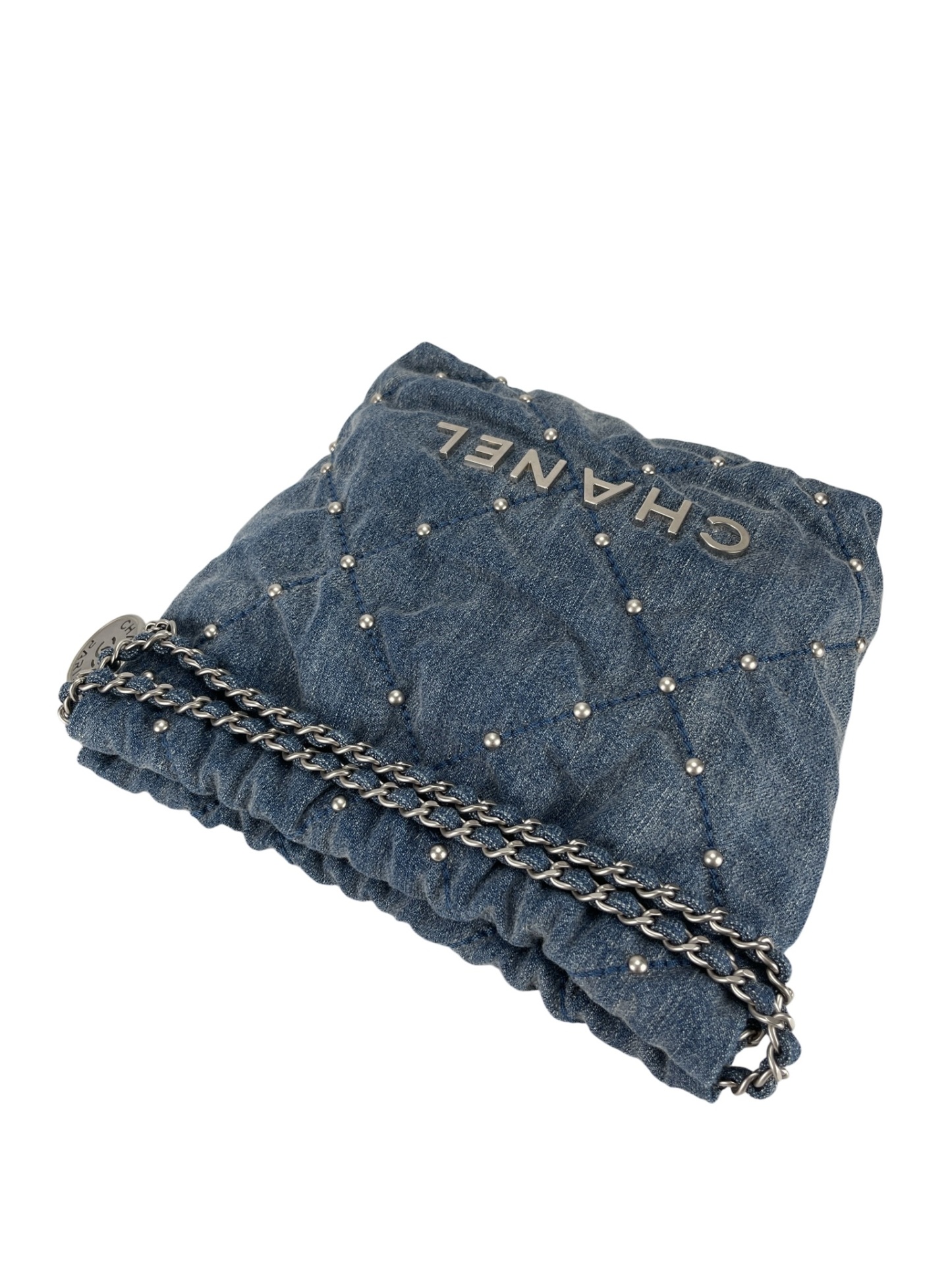 CHANEL - Mini 22 Bag Blue Quilted Studded Denim Brushed Silver Hardware