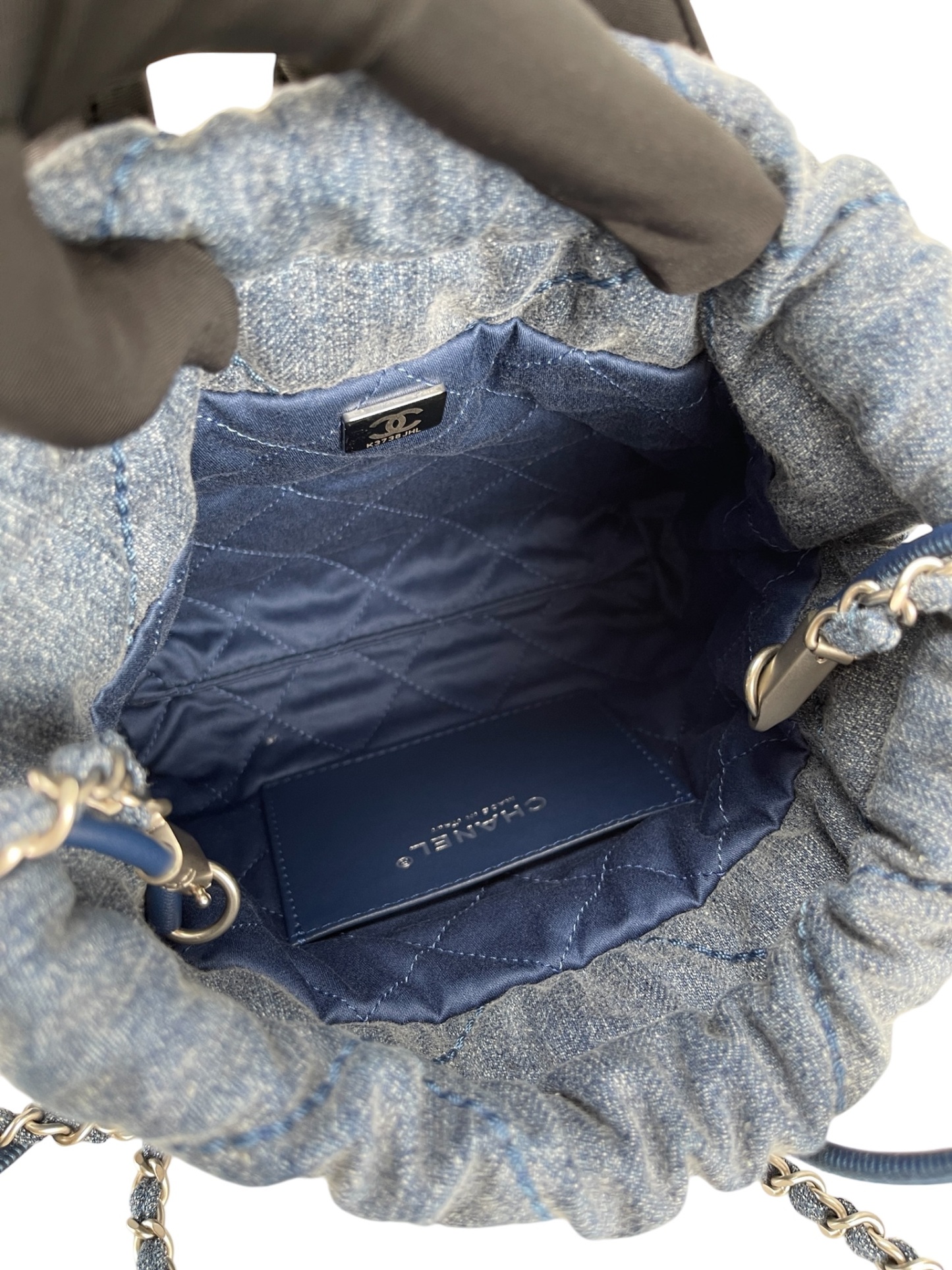 CHANEL - Mini 22 Bag Blue Quilted Studded Denim Brushed Silver Hardware