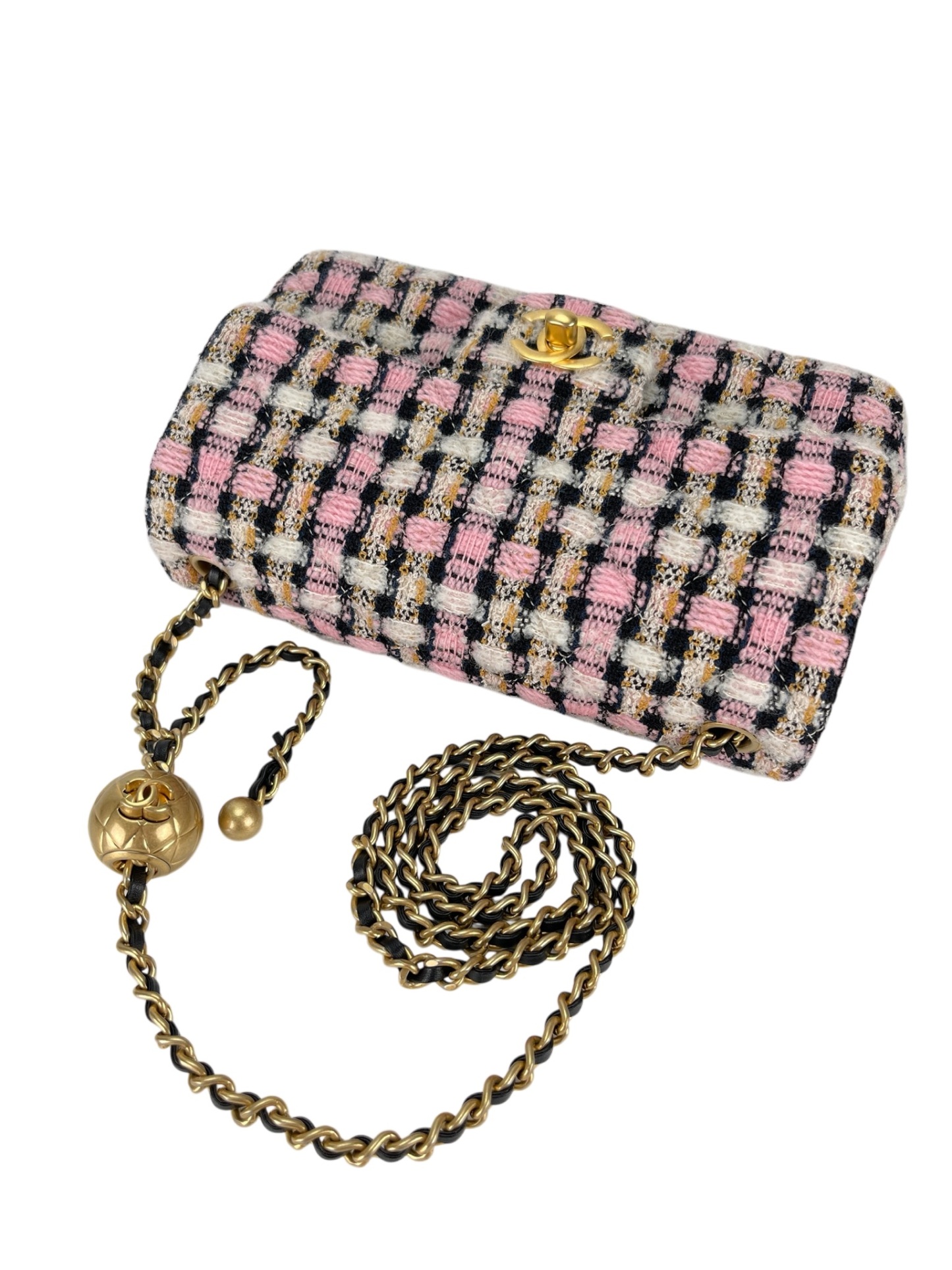 CHANEL - Mini Classic Double Flap Bag Gold ball Multicolor Tweed