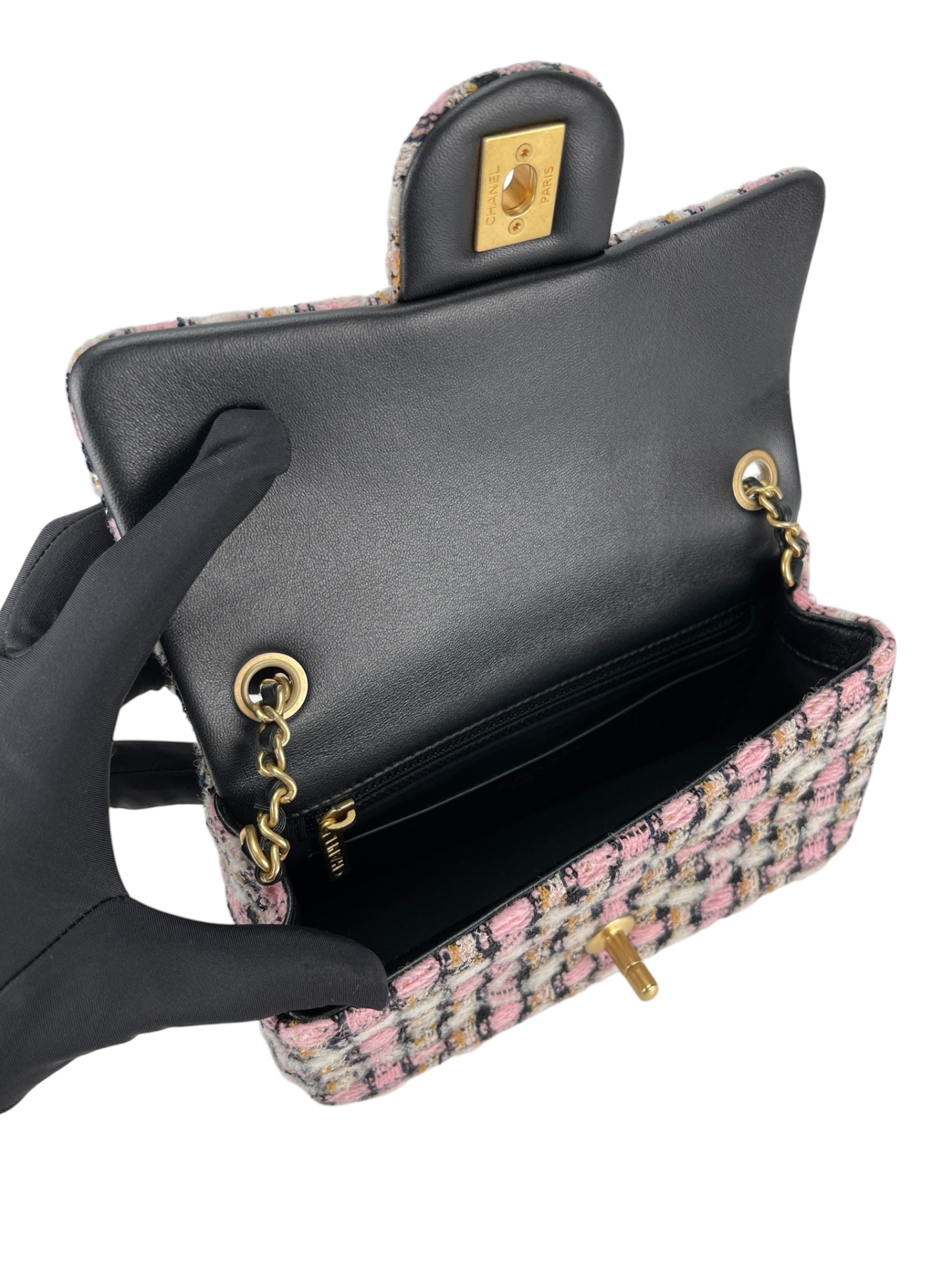 CHANEL - Mini Classic Double Flap Bag Gold ball Multicolor Tweed