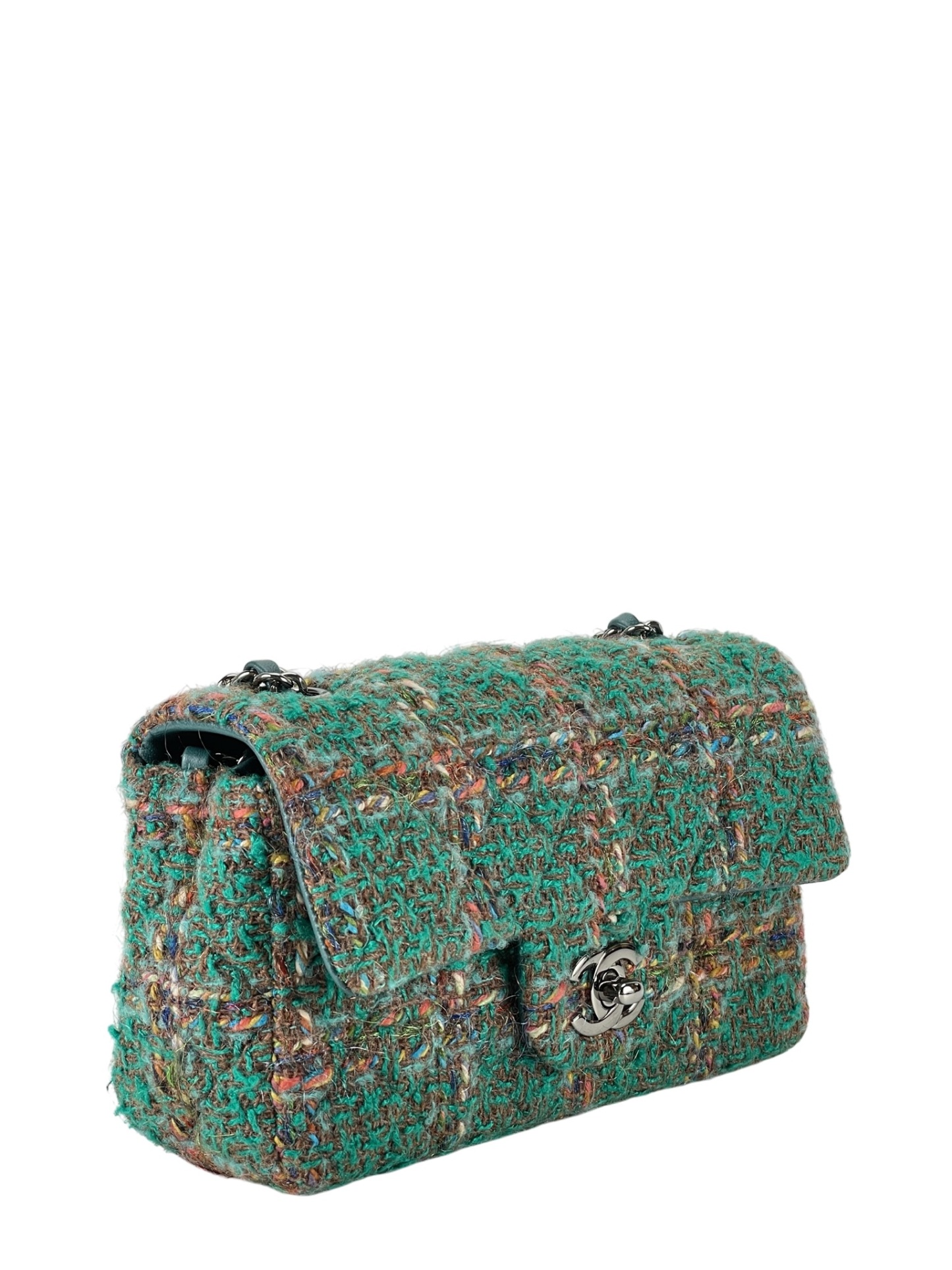 CHANEL - Mini Classic Double Flap Bag Sliver hardware Multicolor Tweed Green