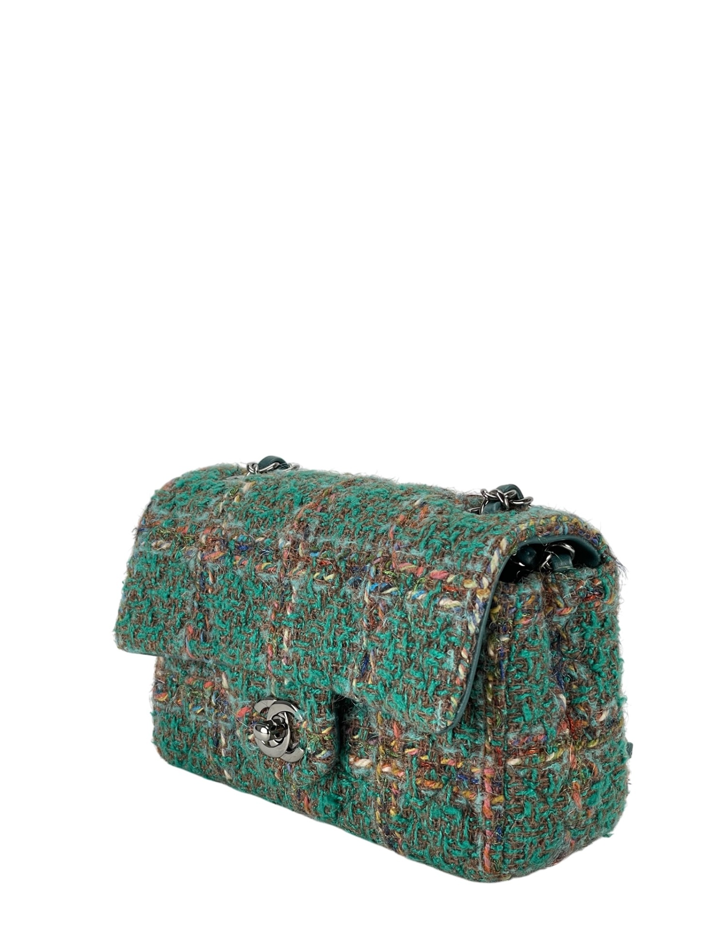 CHANEL - Mini Classic Double Flap Bag Sliver hardware Multicolor Tweed Green