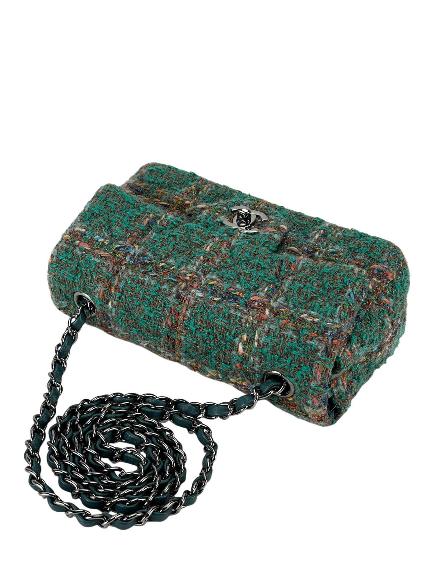 CHANEL - Mini Classic Double Flap Bag Sliver hardware Multicolor Tweed Green