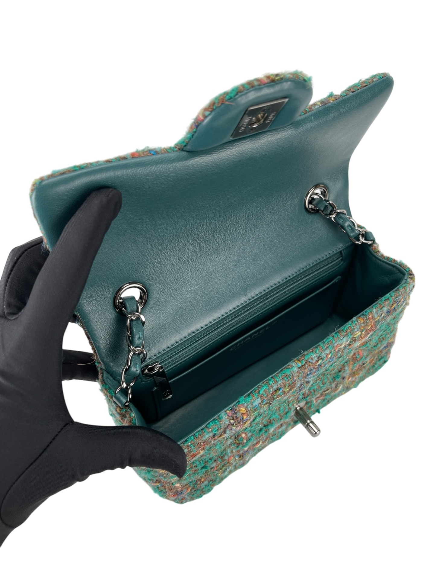 CHANEL - Mini Classic Double Flap Bag Sliver hardware Multicolor Tweed Green