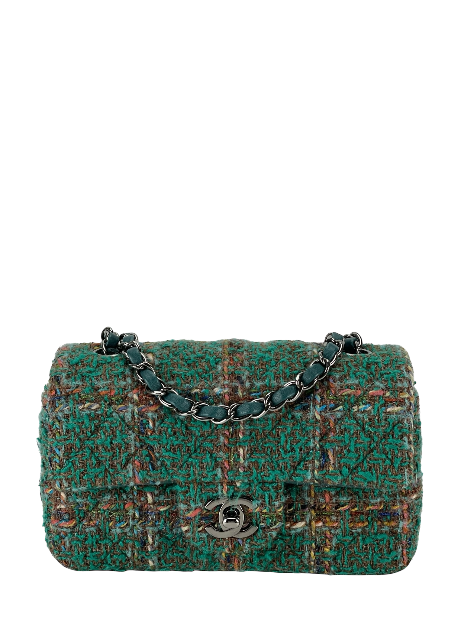 CHANEL - Mini Classic Double Flap Bag Sliver hardware Multicolor Tweed Green