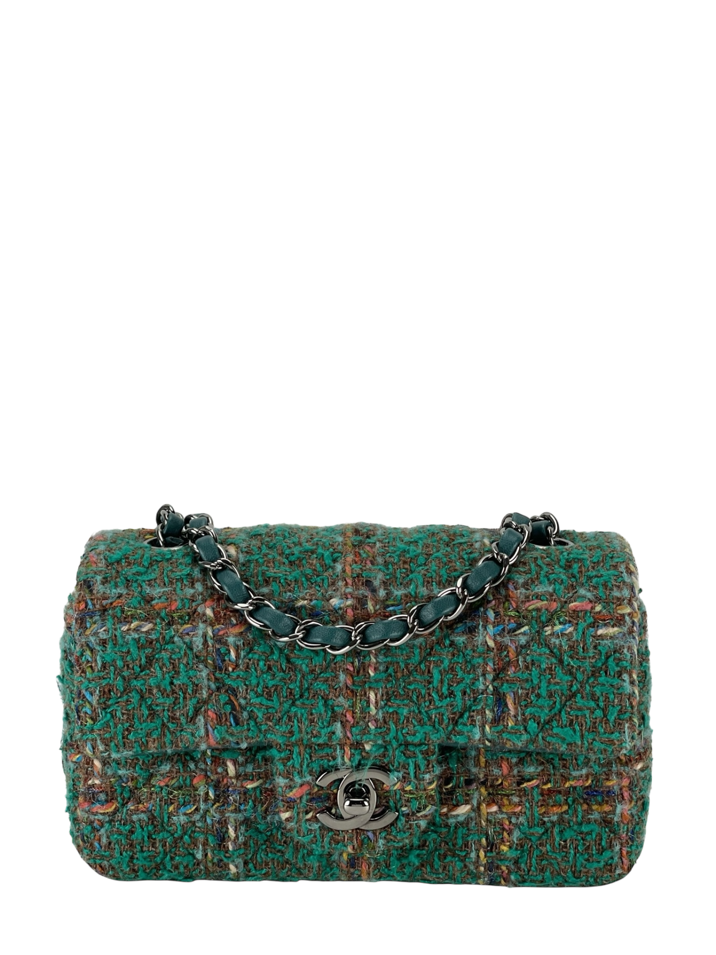 CHANEL - Mini Classic Double Flap Bag Sliver hardware Multicolor Tweed Green