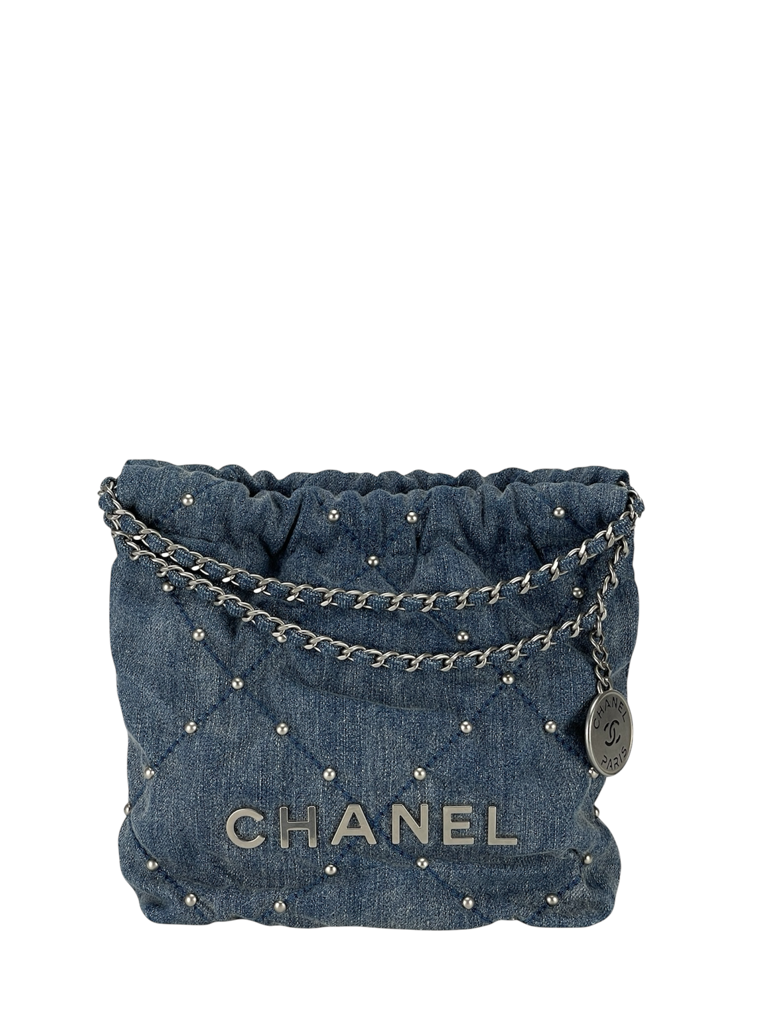 CHANEL - Mini 22 Bag Blue Quilted Studded Denim Brushed Silver Hardware