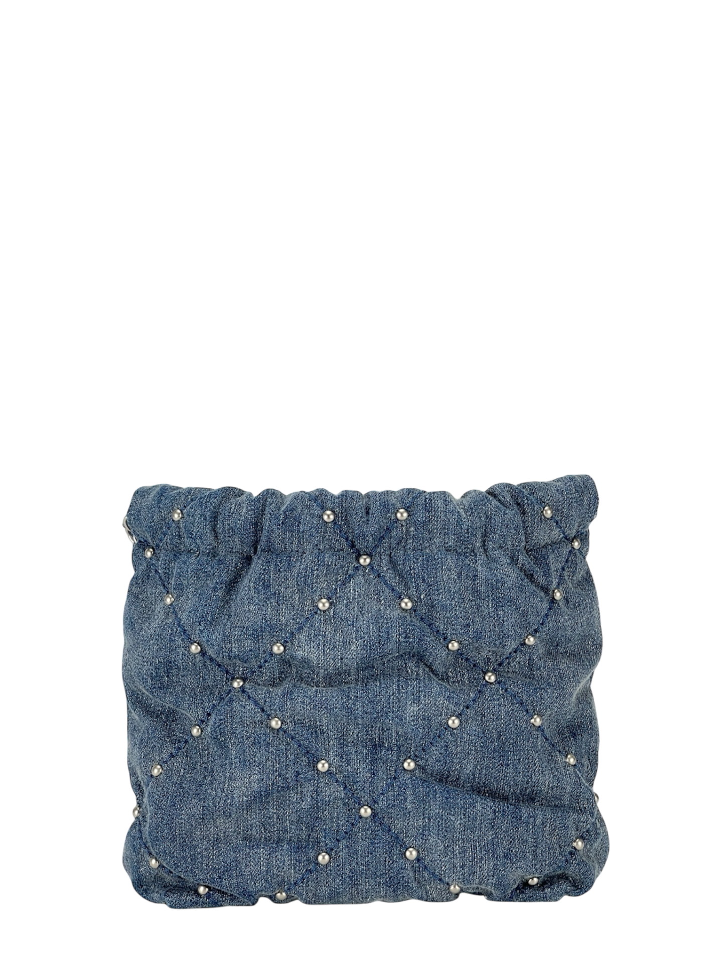 CHANEL - Mini 22 Bag Blue Quilted Studded Denim Brushed Silver Hardware