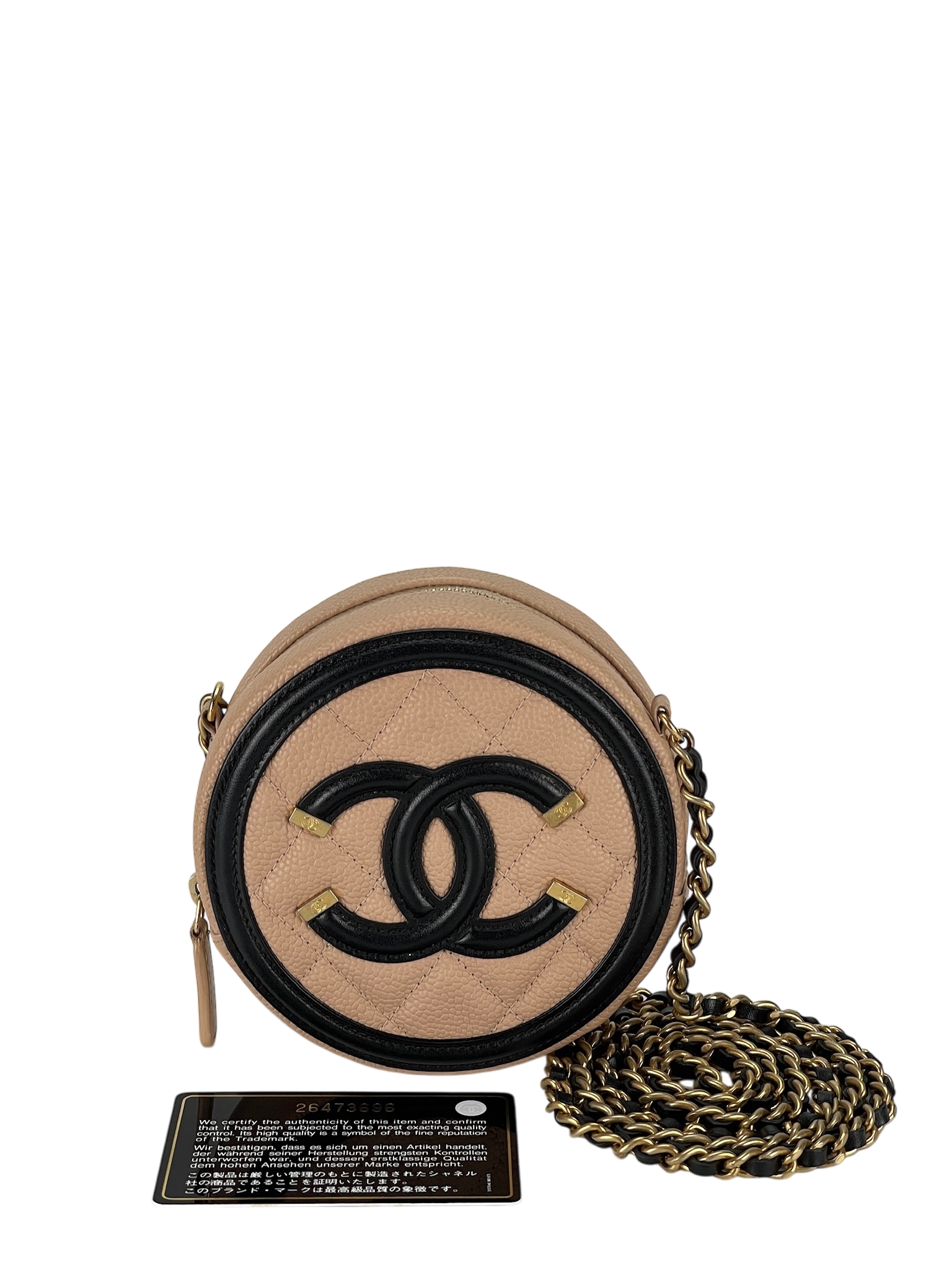 CHANEL - Beige Black Cavair Quilted Filigree Round Clutch bag