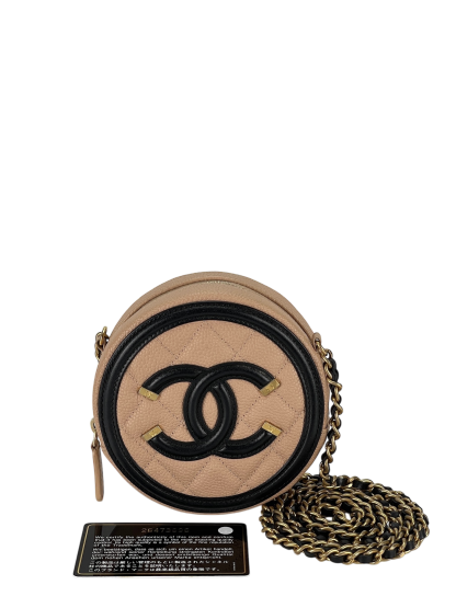 CHANEL - Beige Black Cavair Quilted Filigree Round Clutch bag