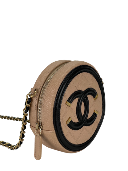 CHANEL - Beige Black Cavair Quilted Filigree Round Clutch bag
