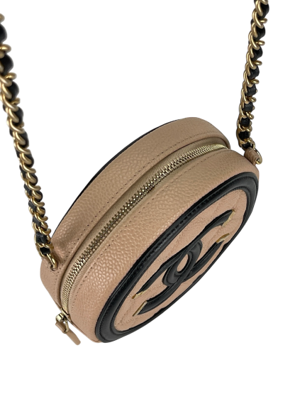 CHANEL - Beige Black Cavair Quilted Filigree Round Clutch bag