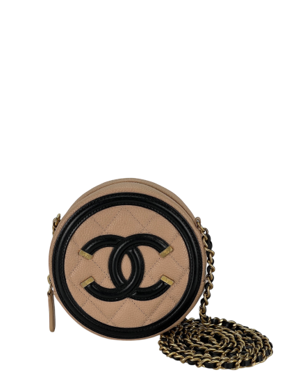 CHANEL - Beige Black Cavair Quilted Filigree Round Clutch bag