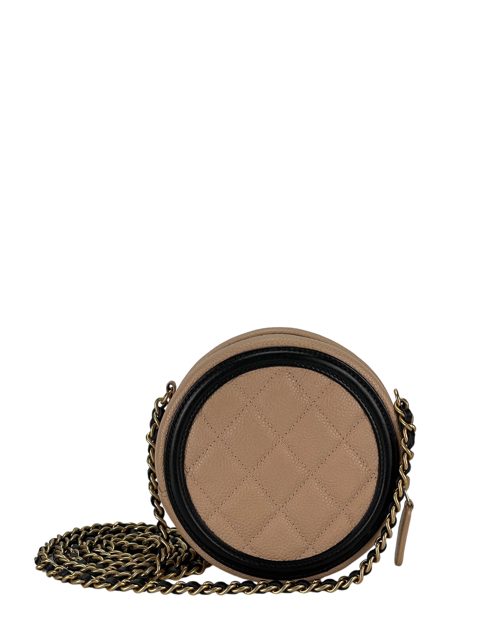 CHANEL - Beige Black Cavair Quilted Filigree Round Clutch bag