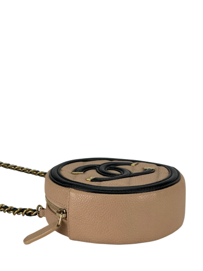 CHANEL - Beige Black Cavair Quilted Filigree Round Clutch bag