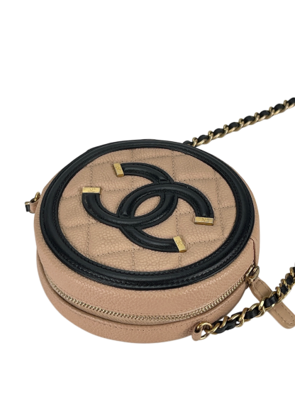 CHANEL - Beige Black Cavair Quilted Filigree Round Clutch bag