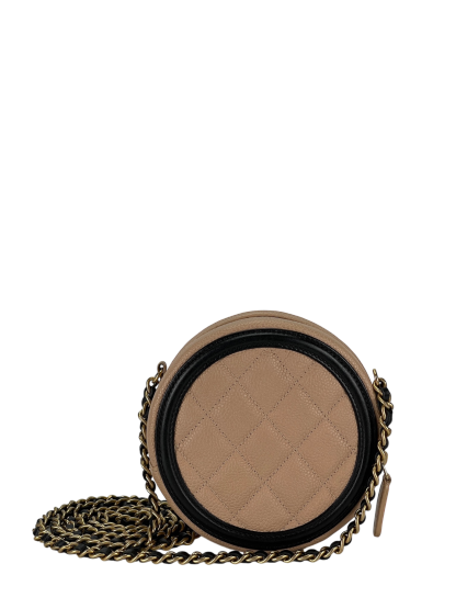 CHANEL - Beige Black Cavair Quilted Filigree Round Clutch bag
