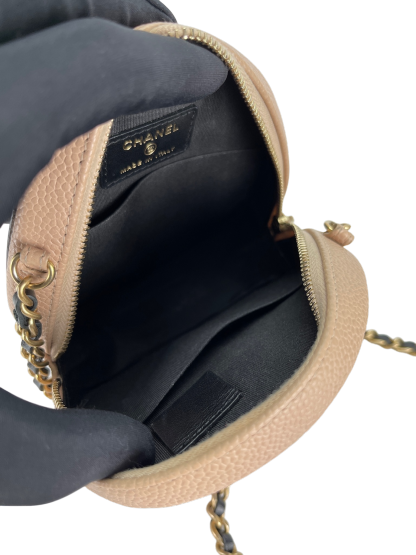 CHANEL - Beige Black Cavair Quilted Filigree Round Clutch bag