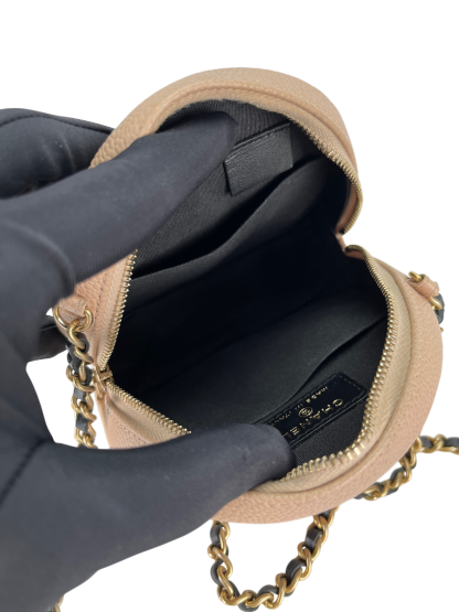 CHANEL - Beige Black Cavair Quilted Filigree Round Clutch bag