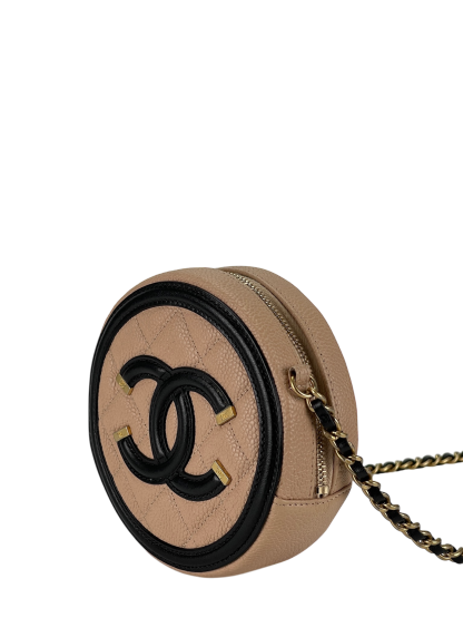 CHANEL - Beige Black Cavair Quilted Filigree Round Clutch bag