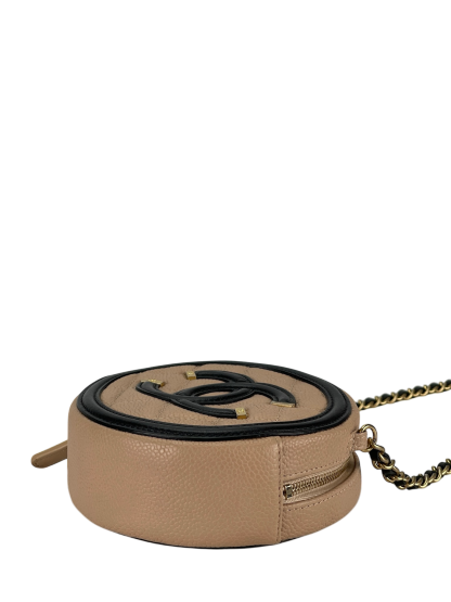 CHANEL - Beige Black Cavair Quilted Filigree Round Clutch bag