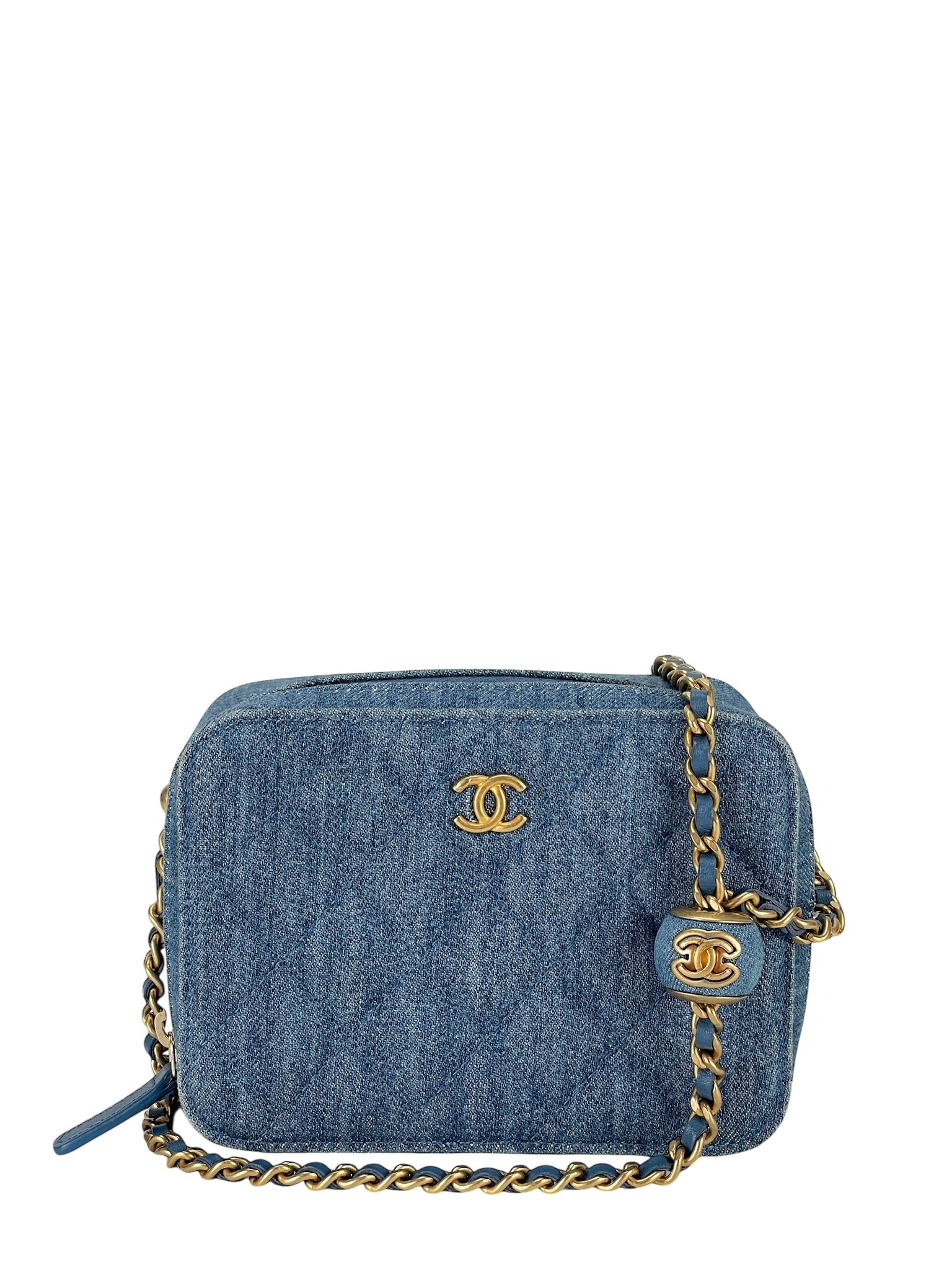 CHANEL - Pearl Crush Zip Around Vanity Case with Chain Quilted Denim Mini