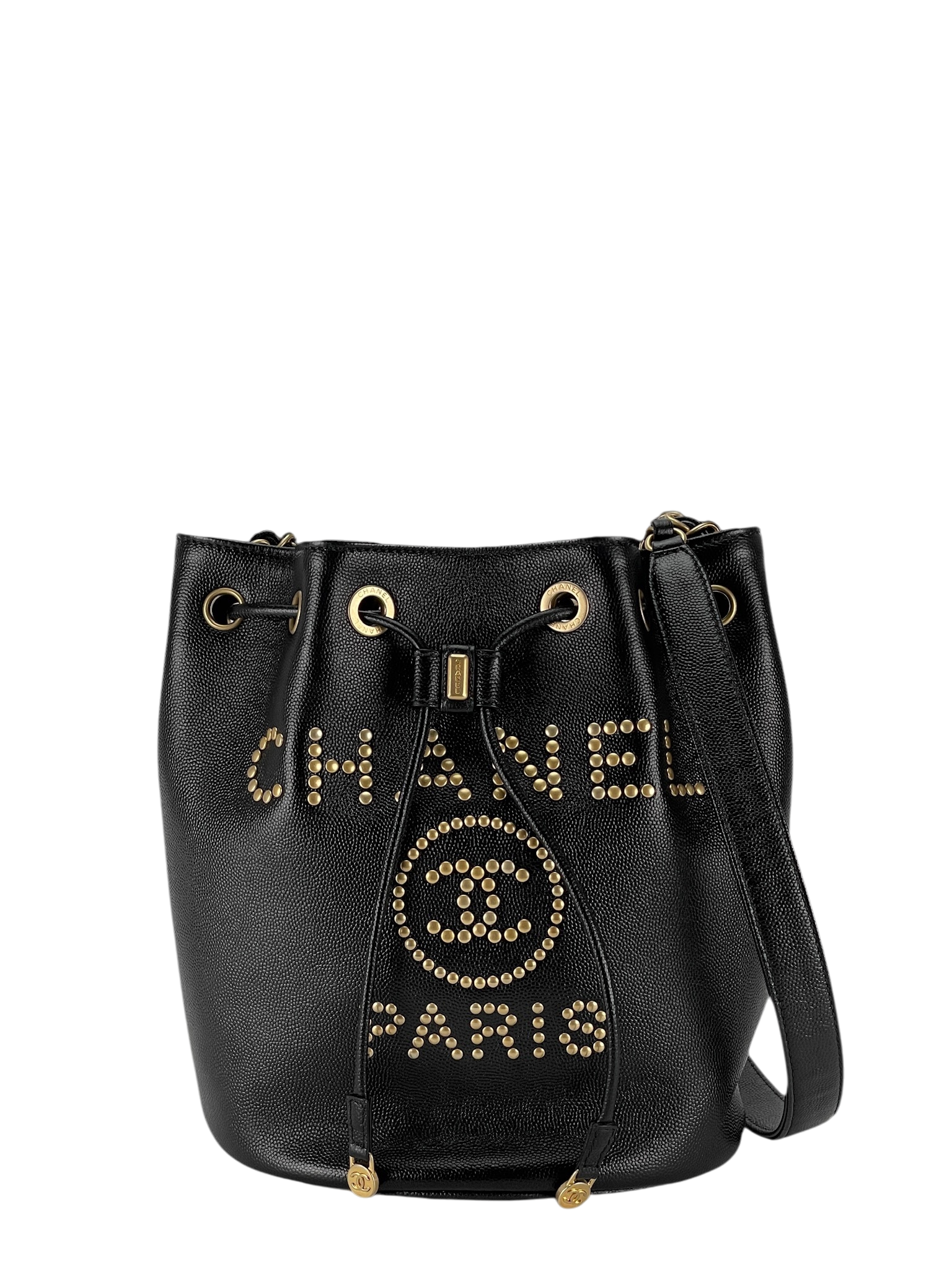 CHANEL - Black Caviar Studded Bucket Bag