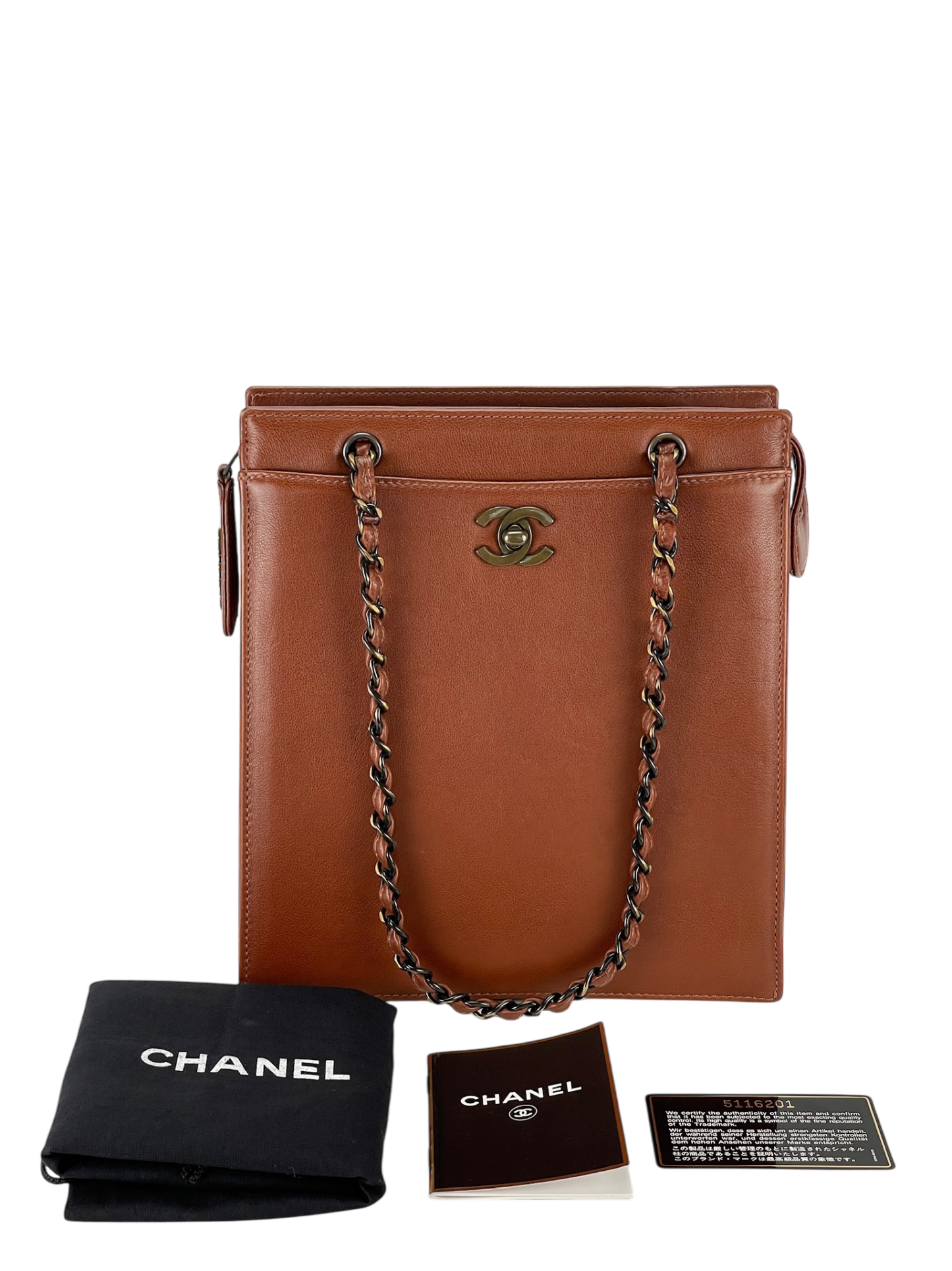 CHANEL - Vintage CC Calfskin Caramel Chain Tote Bag
