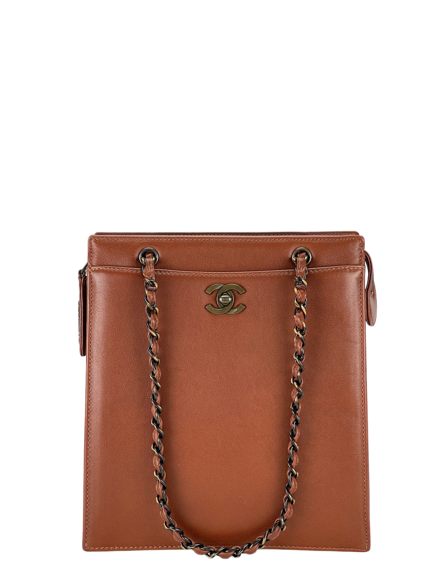 CHANEL - Vintage CC Calfskin Caramel Chain Tote Bag
