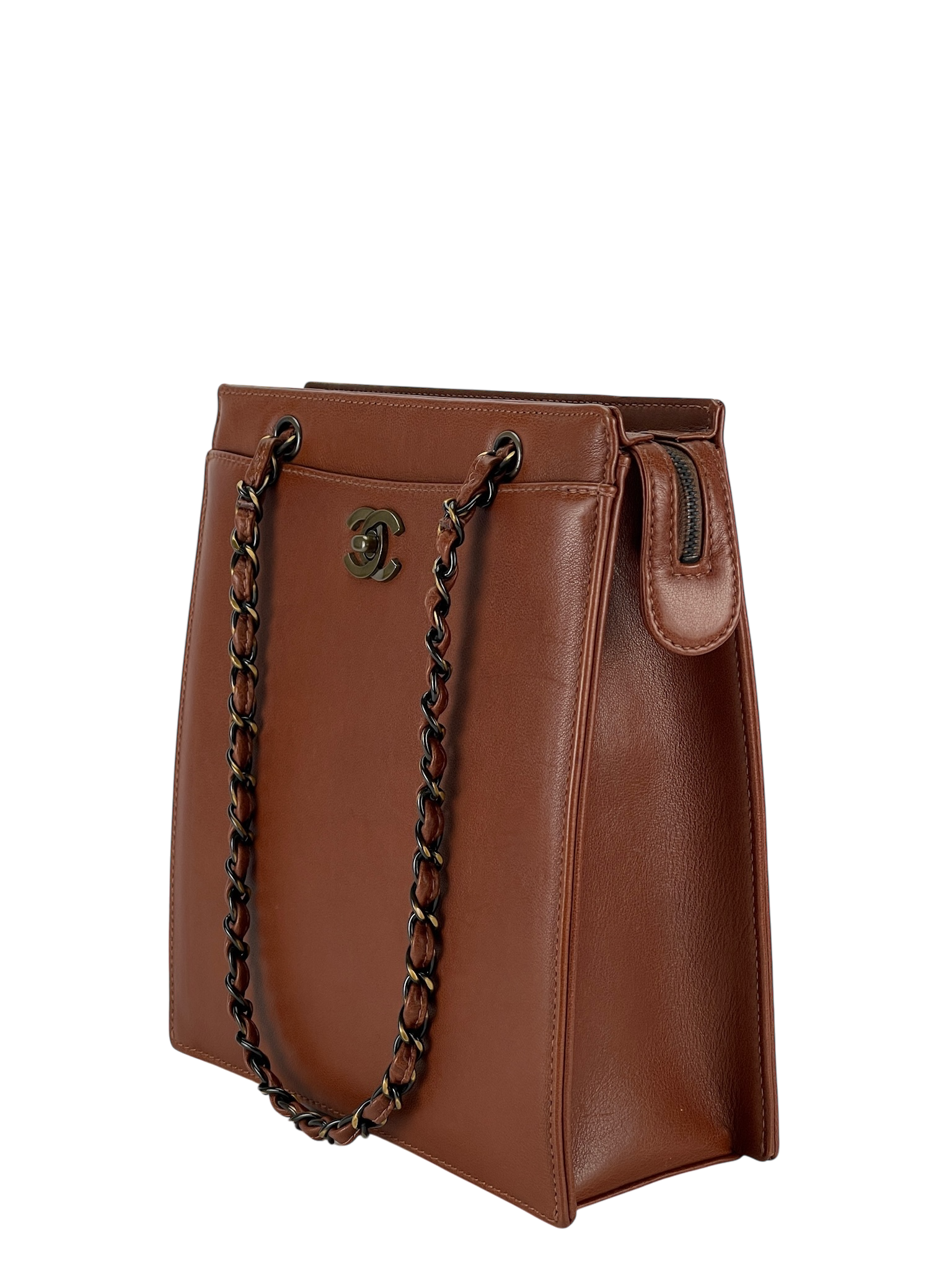 CHANEL - Vintage CC Calfskin Caramel Chain Tote Bag