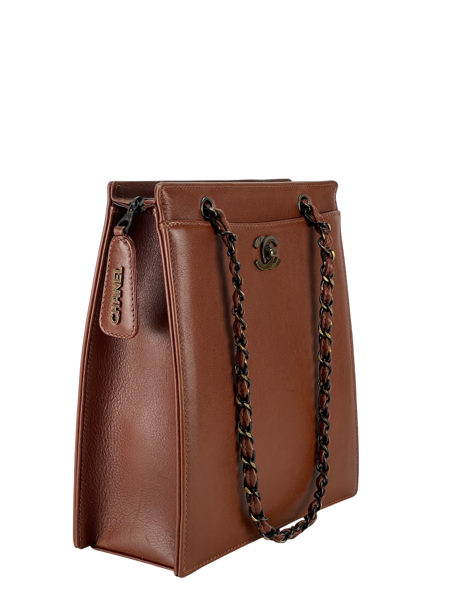 CHANEL - Vintage CC Calfskin Caramel Chain Tote Bag