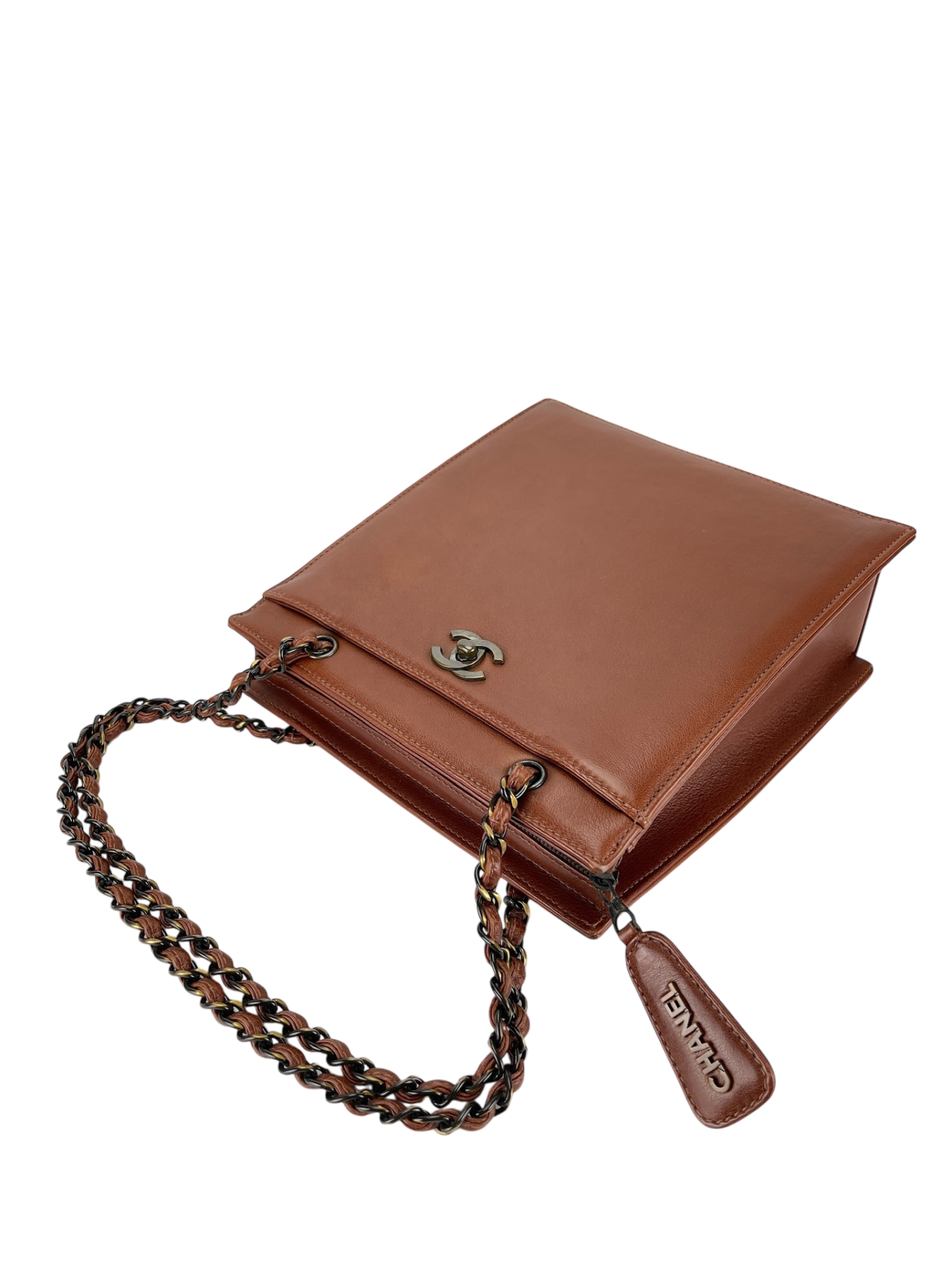 CHANEL - Vintage CC Calfskin Caramel Chain Tote Bag