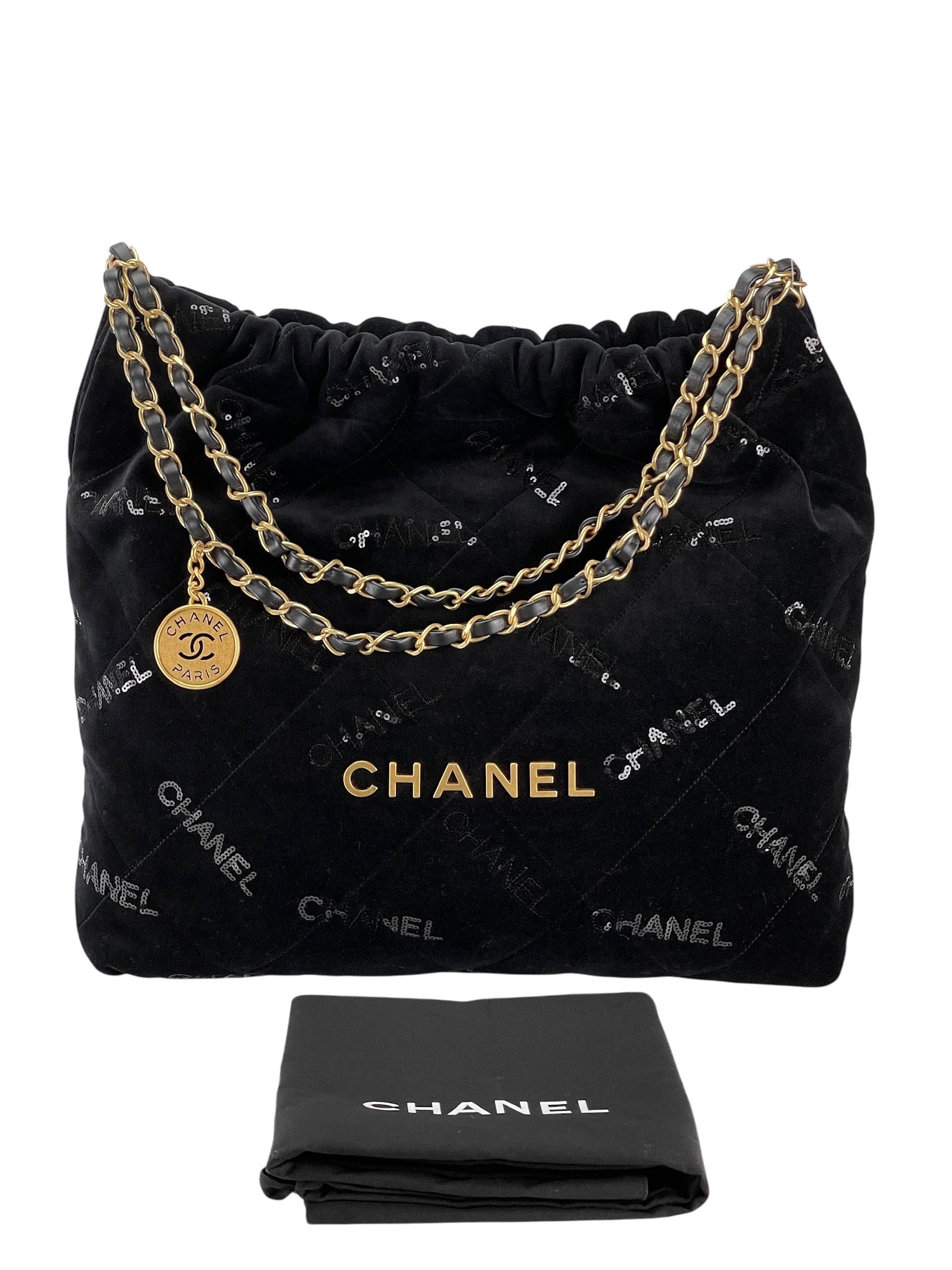 CHANEL - 22 Bag Black Velvet Sequins Medium