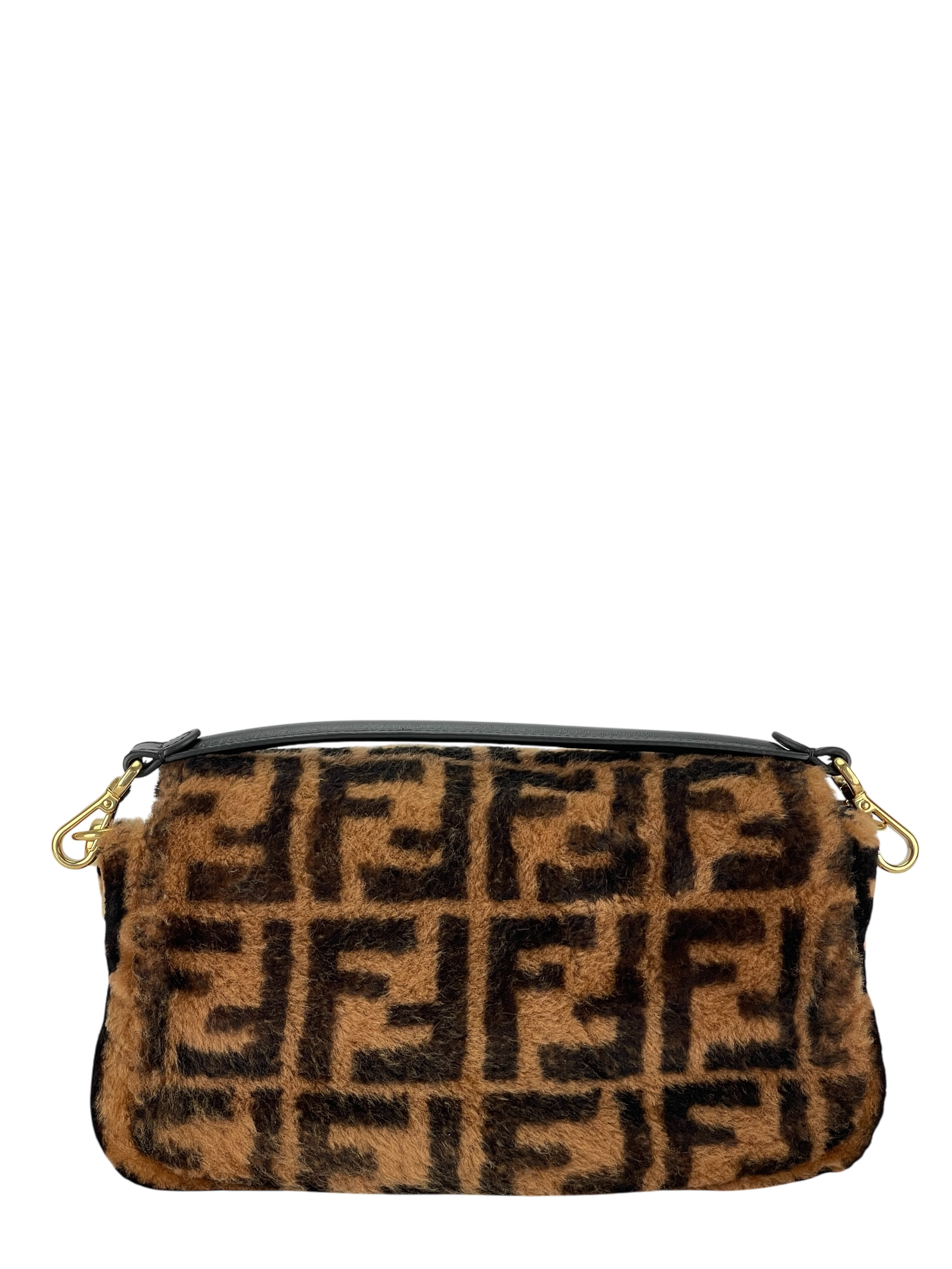 FENDI - Brown Zucca Shearling and Leather Baguette Shoulder Bag