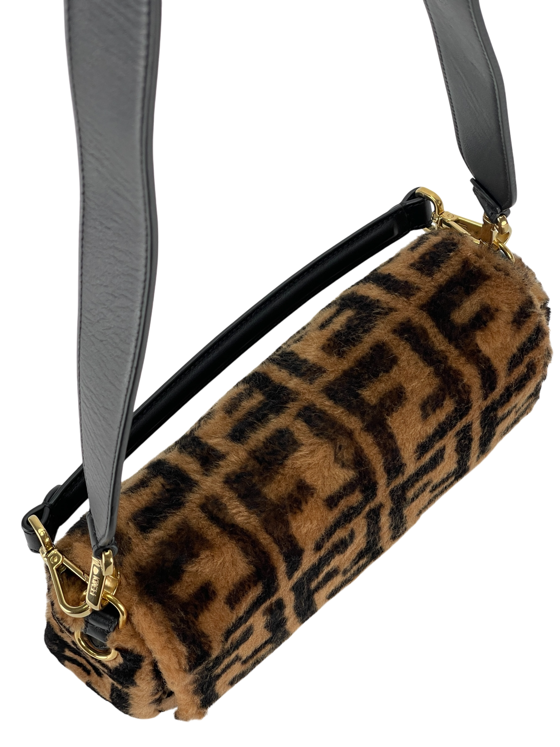 FENDI - Brown Zucca Shearling and Leather Baguette Shoulder Bag
