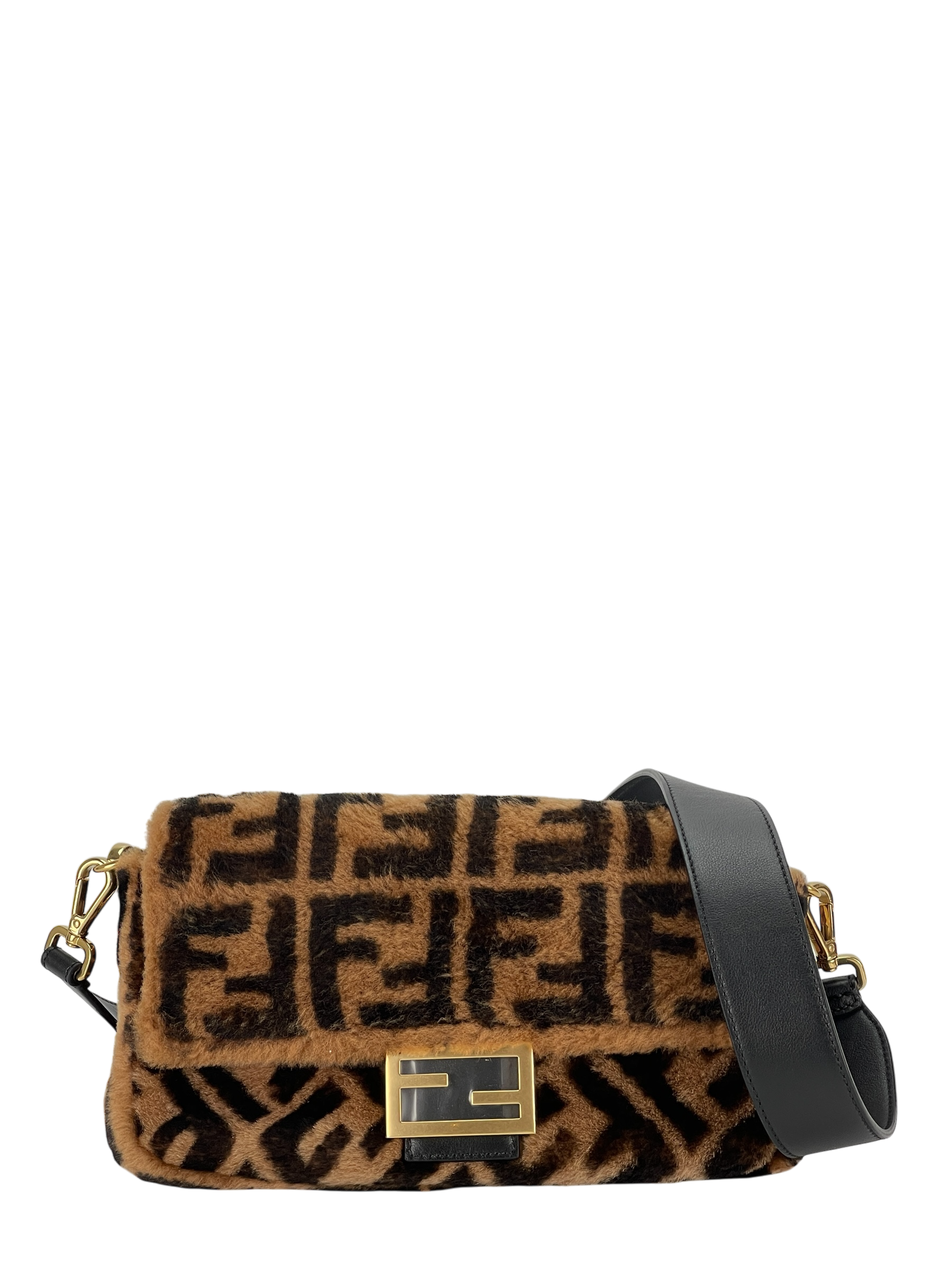 FENDI - Brown Zucca Shearling and Leather Baguette Shoulder Bag