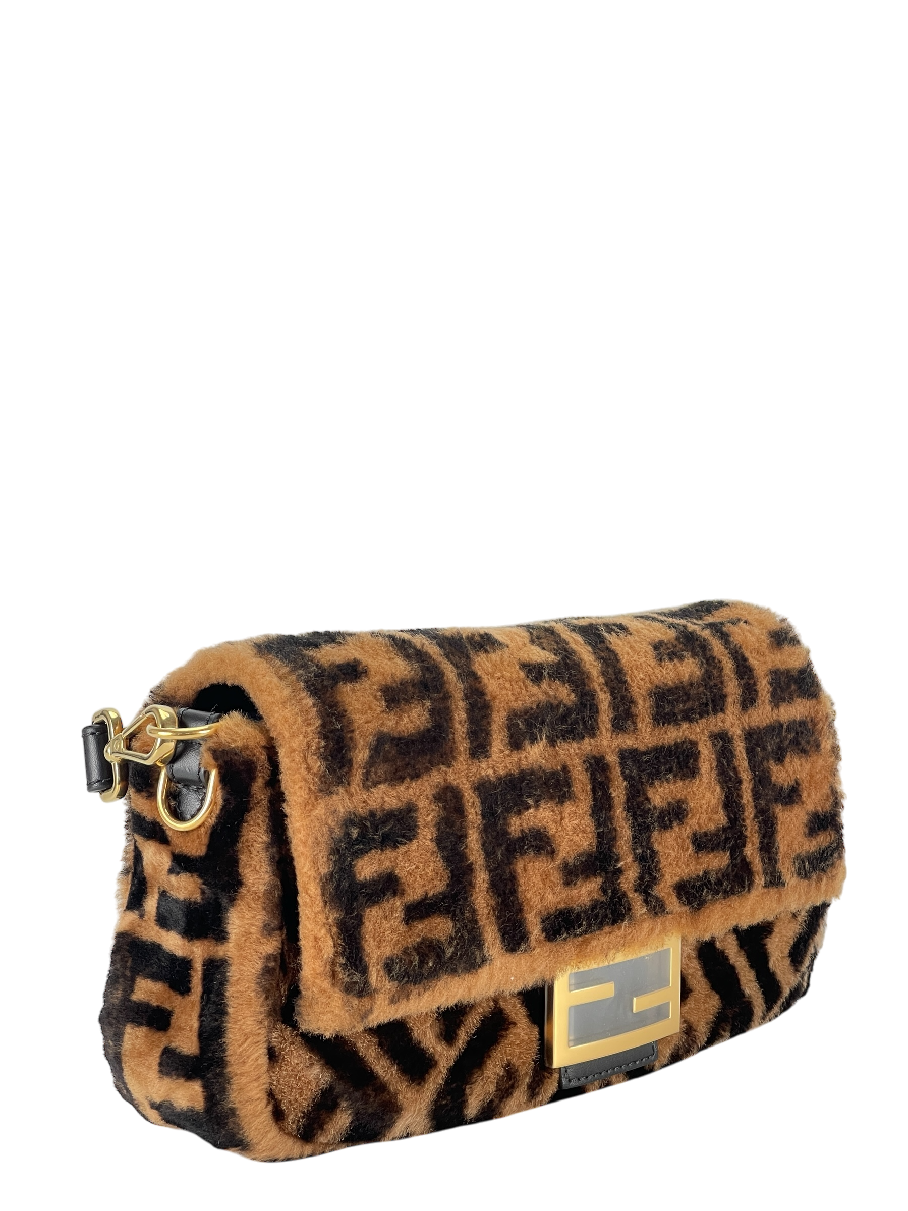 FENDI - Brown Zucca Shearling and Leather Baguette Shoulder Bag