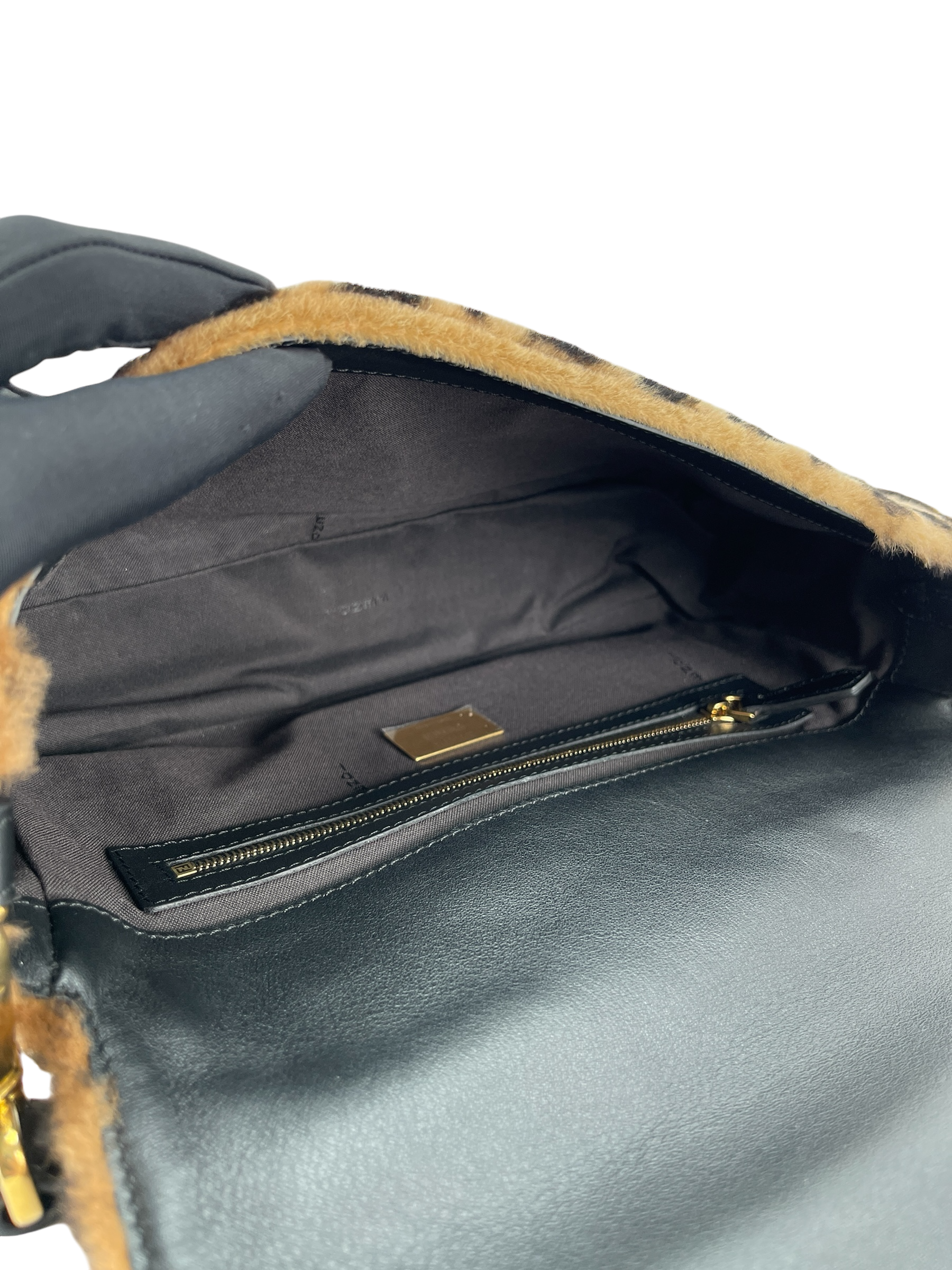 FENDI - Brown Zucca Shearling and Leather Baguette Shoulder Bag